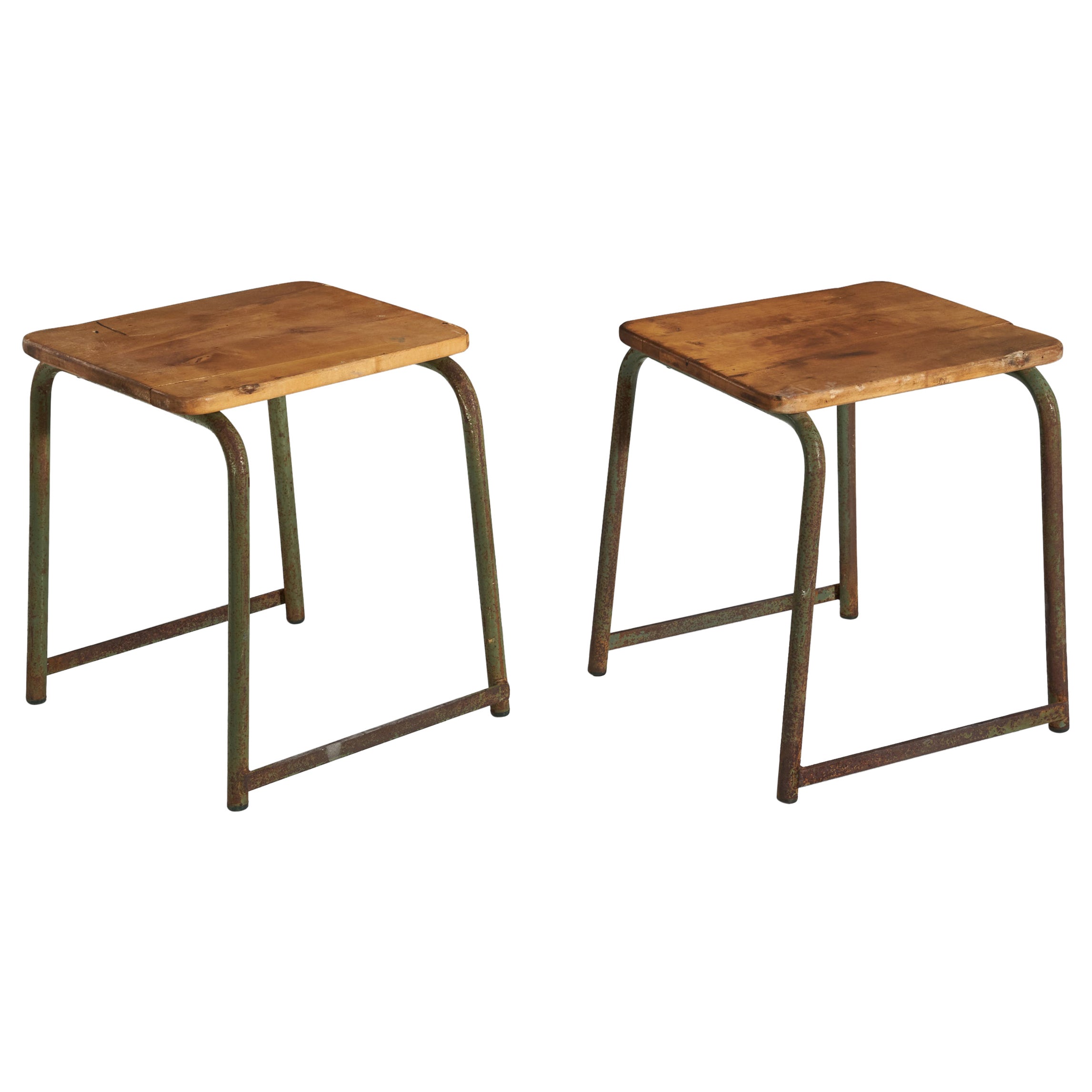 Swedish Designer, Stools, Oak, Green Painted Metal, Sweden, 1940s For Sale