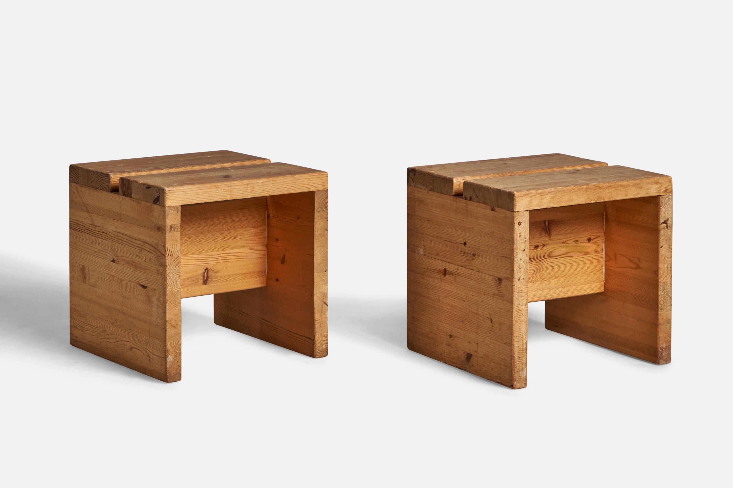 A pair of solid pine stools, designed and produced in Sweden, c. 1970s.
