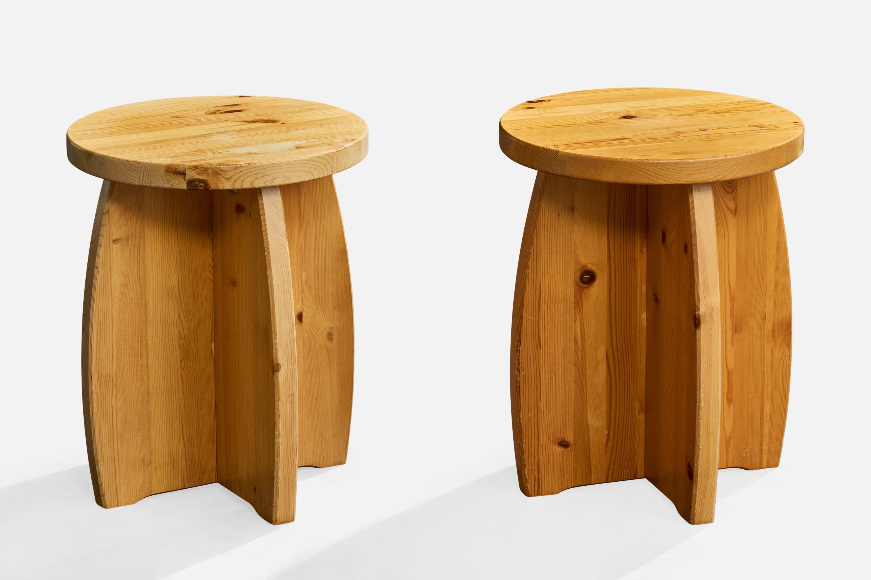 A pair of pine stools designed and produced in Sweden, c. 1980s.

One has light staining on top surface

Overall Dimensions (inches): 17.2