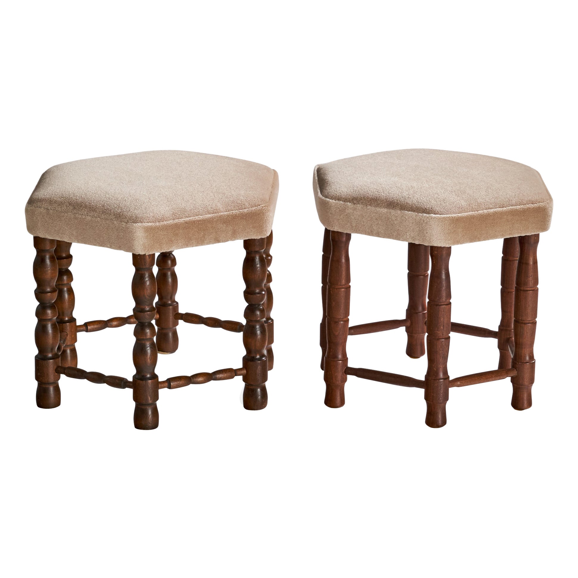 Swedish Designer, Stools, Wood, Mohair, Sweden, 1920s