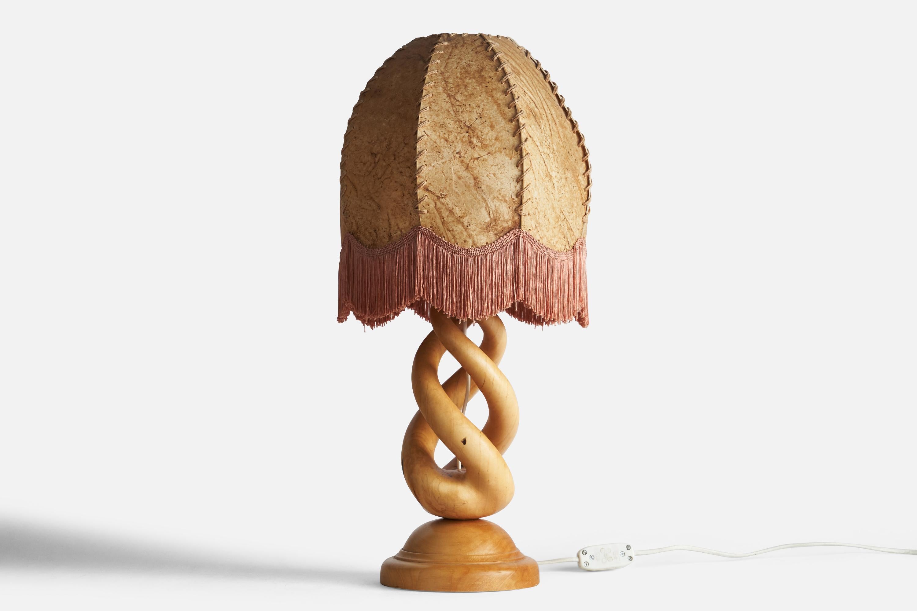 A freeform birch, beige parchment paper and pink fabric string table lamp designed and produced in Sweden, c. 1970s.

Overall Dimensions (inches): 21.55” H x 10” Diameter
Bulb Specifications: E-26 Bulb
Number of Sockets: 1
All lighting will be