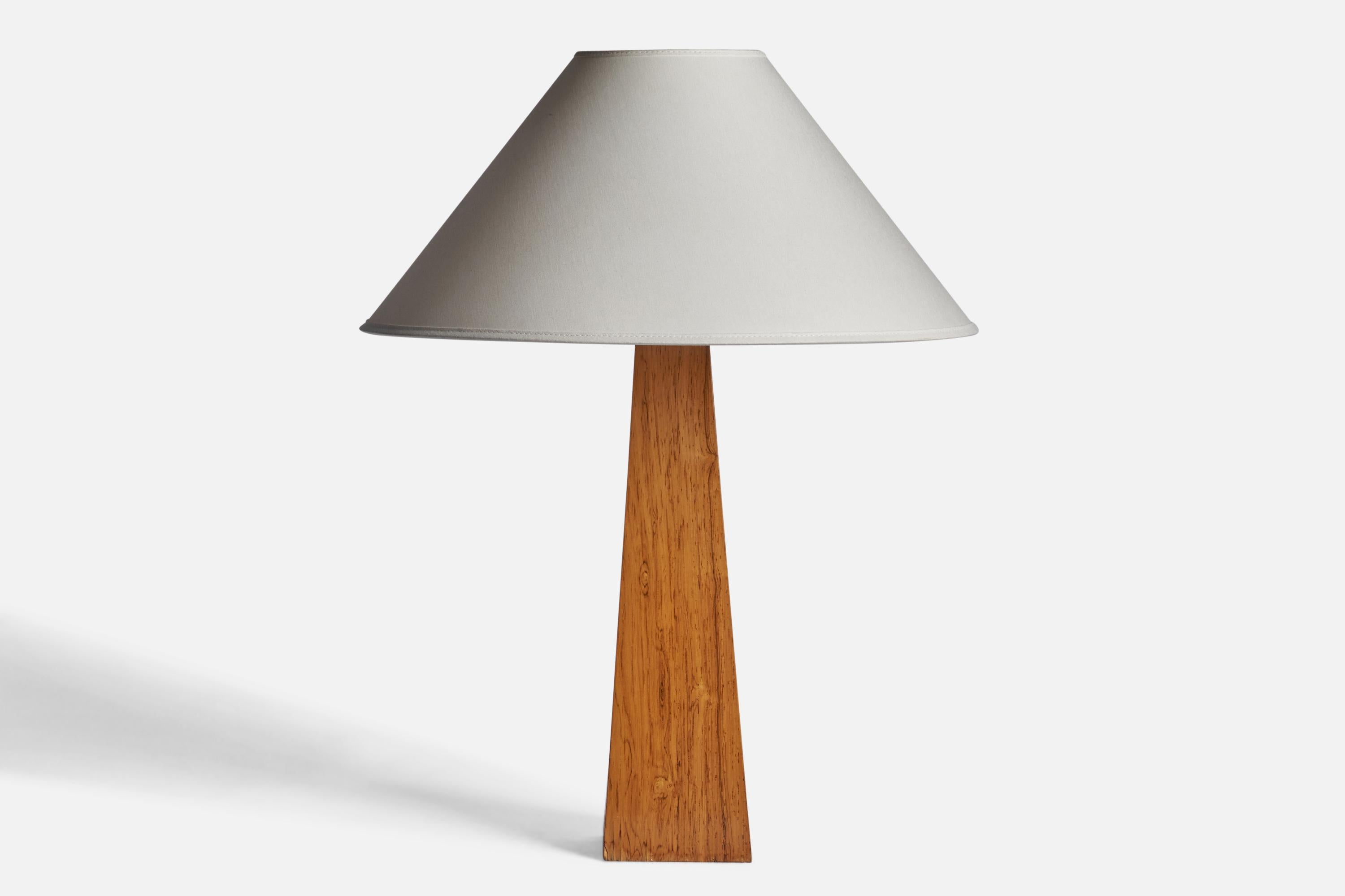 A birch table lamp designed and produced in Sweden, c. 1950s.

Dimensions of Lamp (inches): 15.95” H x 3.75” Diameter
Dimensions of Shade (inches): 4.5” Top Diameter x 16” Bottom Diameter x 7.25” H
Dimensions of Lamp with Shade (inches): 20.85” H x