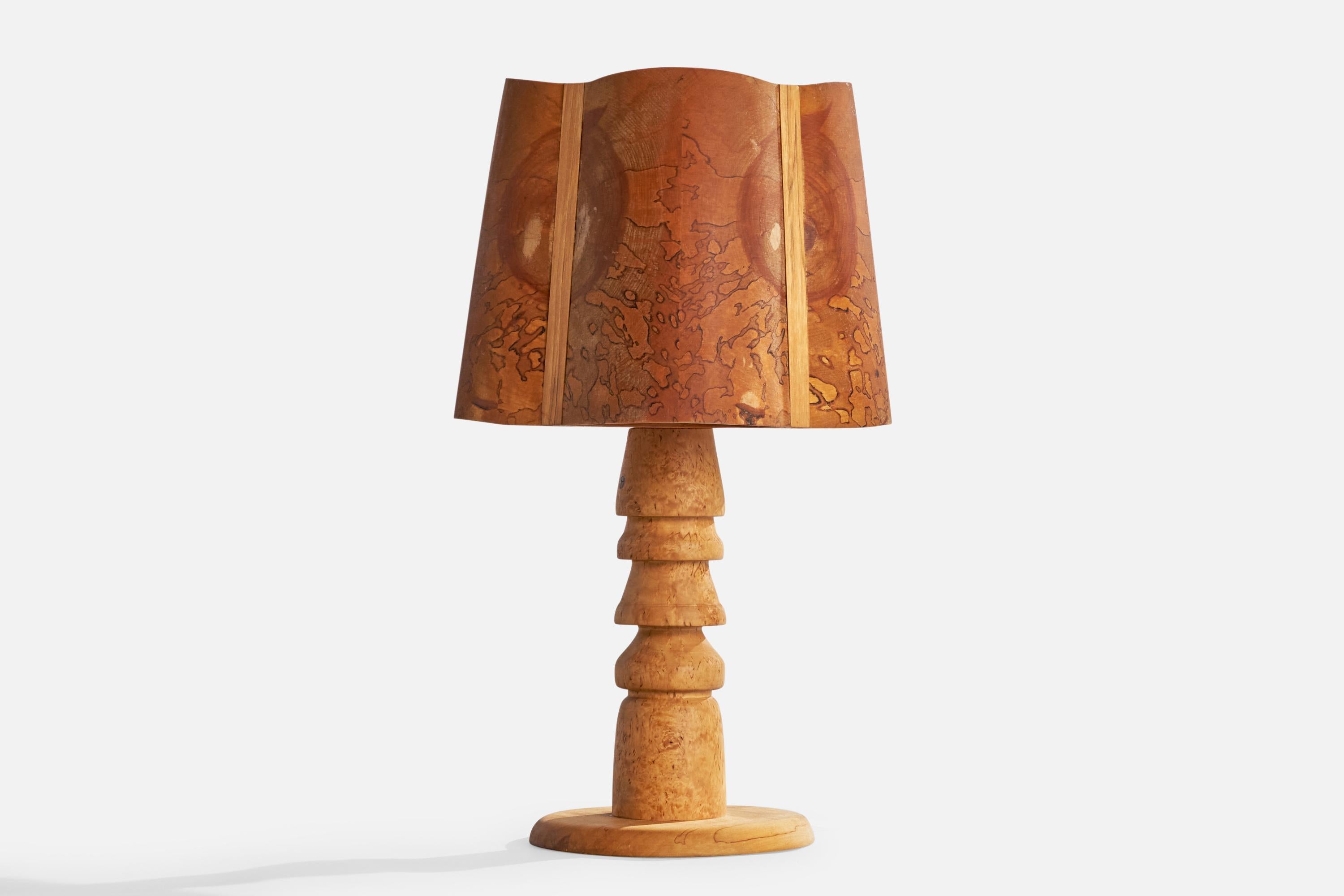 A masur birch table lamp designed and produced in Sweden, c. 1970s.

Dimensions of Lamp with Shade (inches): 20.25“ H x 9.75“ Diameter

Bulb Specifications: E-26 STD

Number of Sockets (per fixture): 1

Sold with lampshade.

All lighting will be