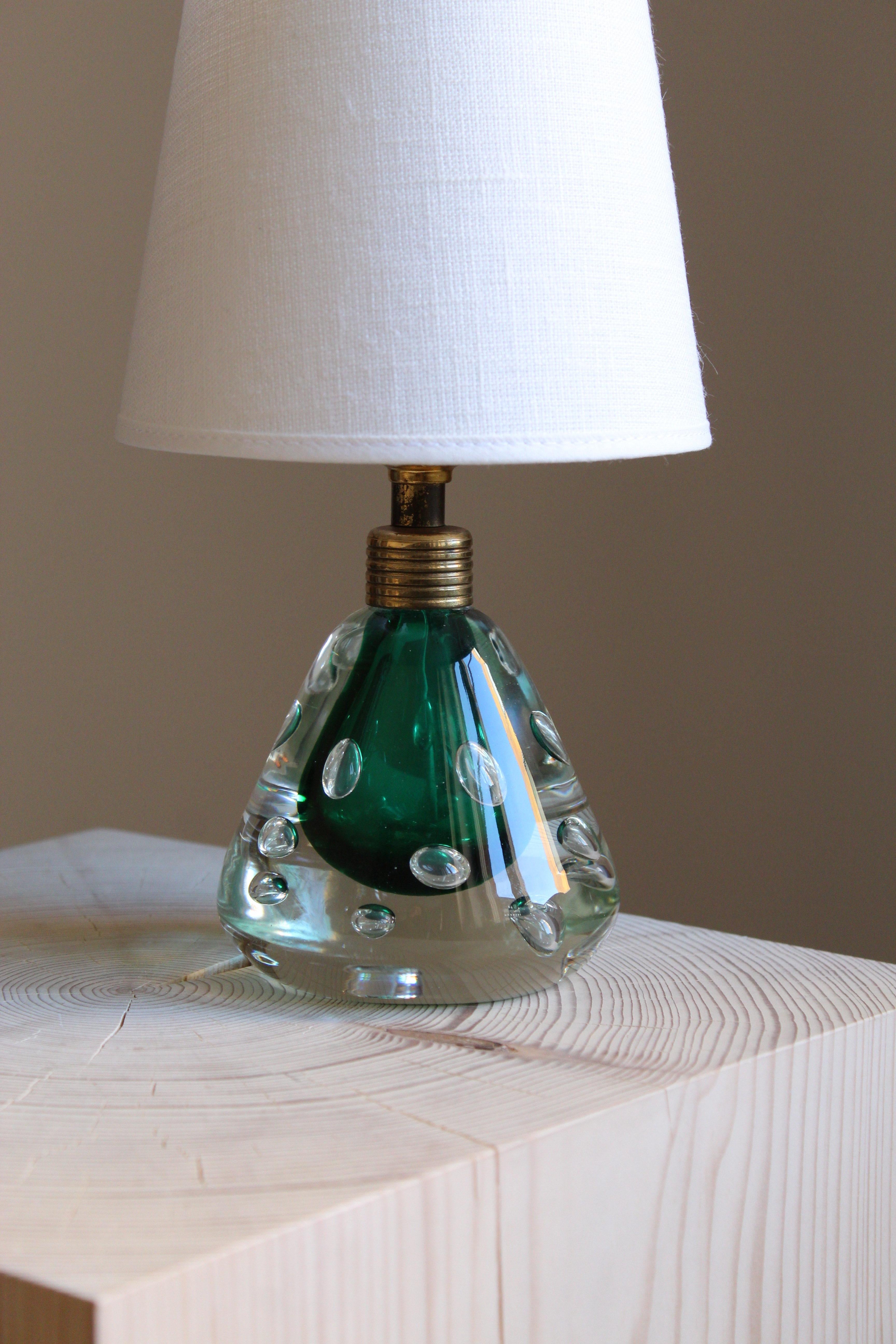 Mid-Century Modern Swedish Designer, Table Lamp, Blown Glass, Brass, Linen, Sweden, 1950s