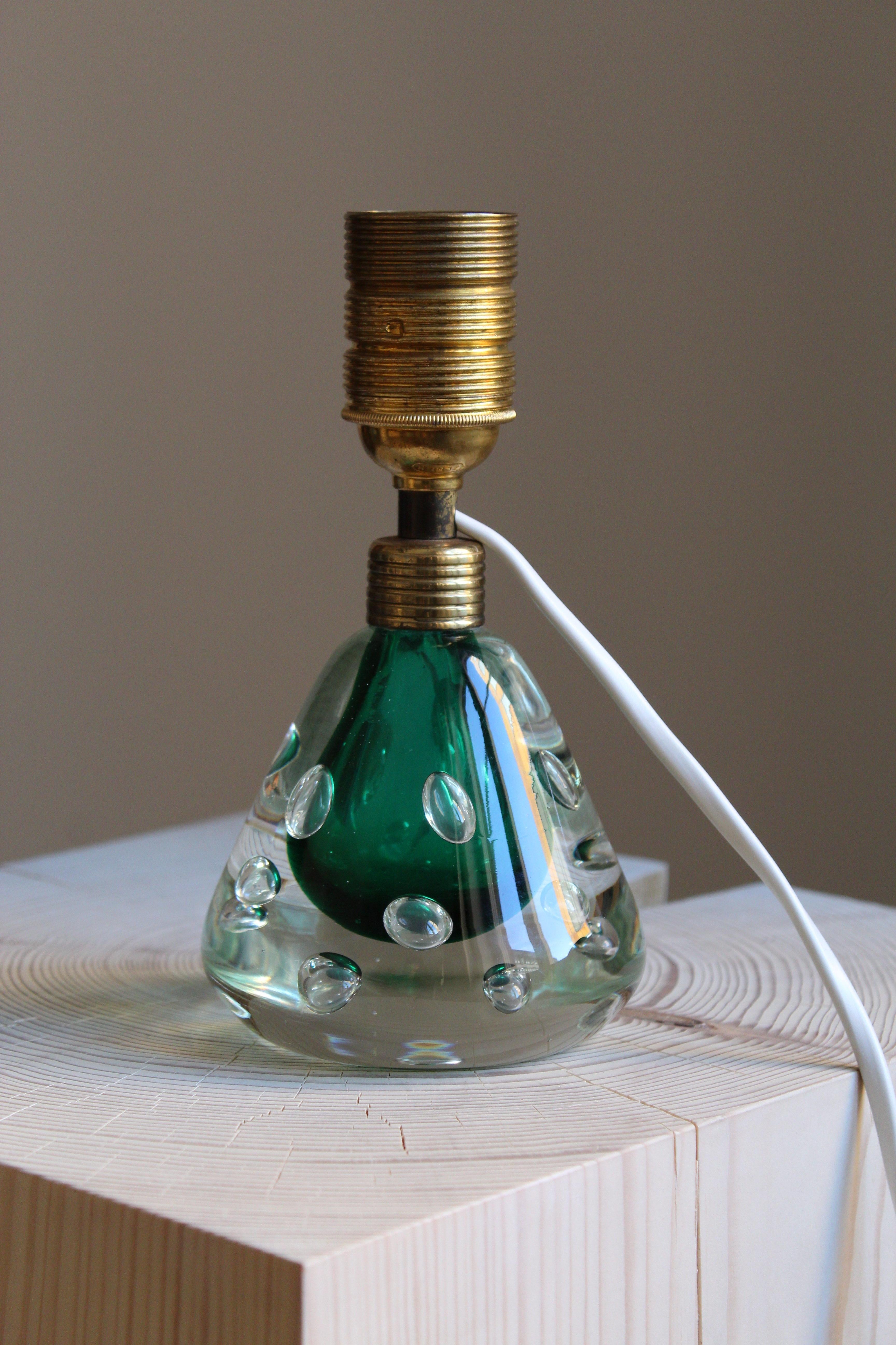 Mid-20th Century Swedish Designer, Table Lamp, Blown Glass, Brass, Linen, Sweden, 1950s
