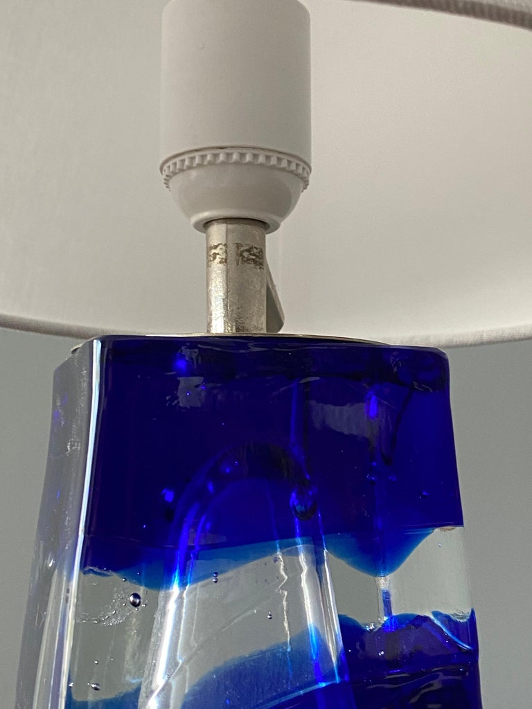 Blown Glass Swedish Designer, Table Lamp, Blue Colored Glass, Sweden, 1960s For Sale