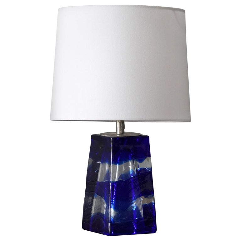 Swedish Designer, Table Lamp, Blue Colored Glass, Sweden, 1960s For Sale
