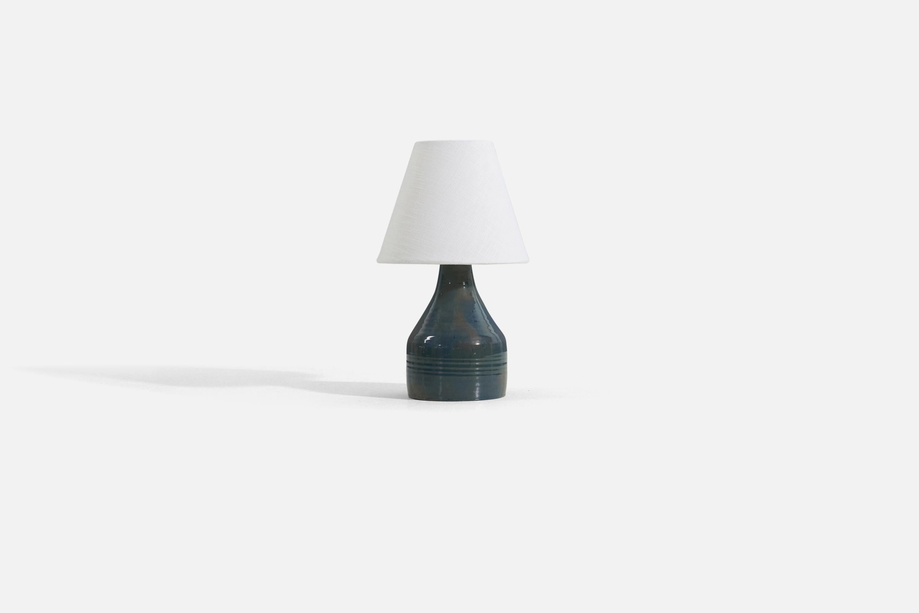 A blue-glazed stoneware table lamp, designed and produced in Sweden, c. 1960s.