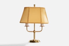 Lampada da tavolo di design svedese, ottone, bachelite, tessuto, anni '40