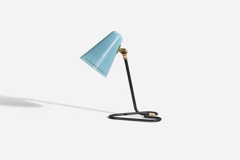 A brass and light blue lacquered metal table lamp designed and produced in Sweden, c. 1950s. 

Variable dimensions, measured as illustrated in the first image.