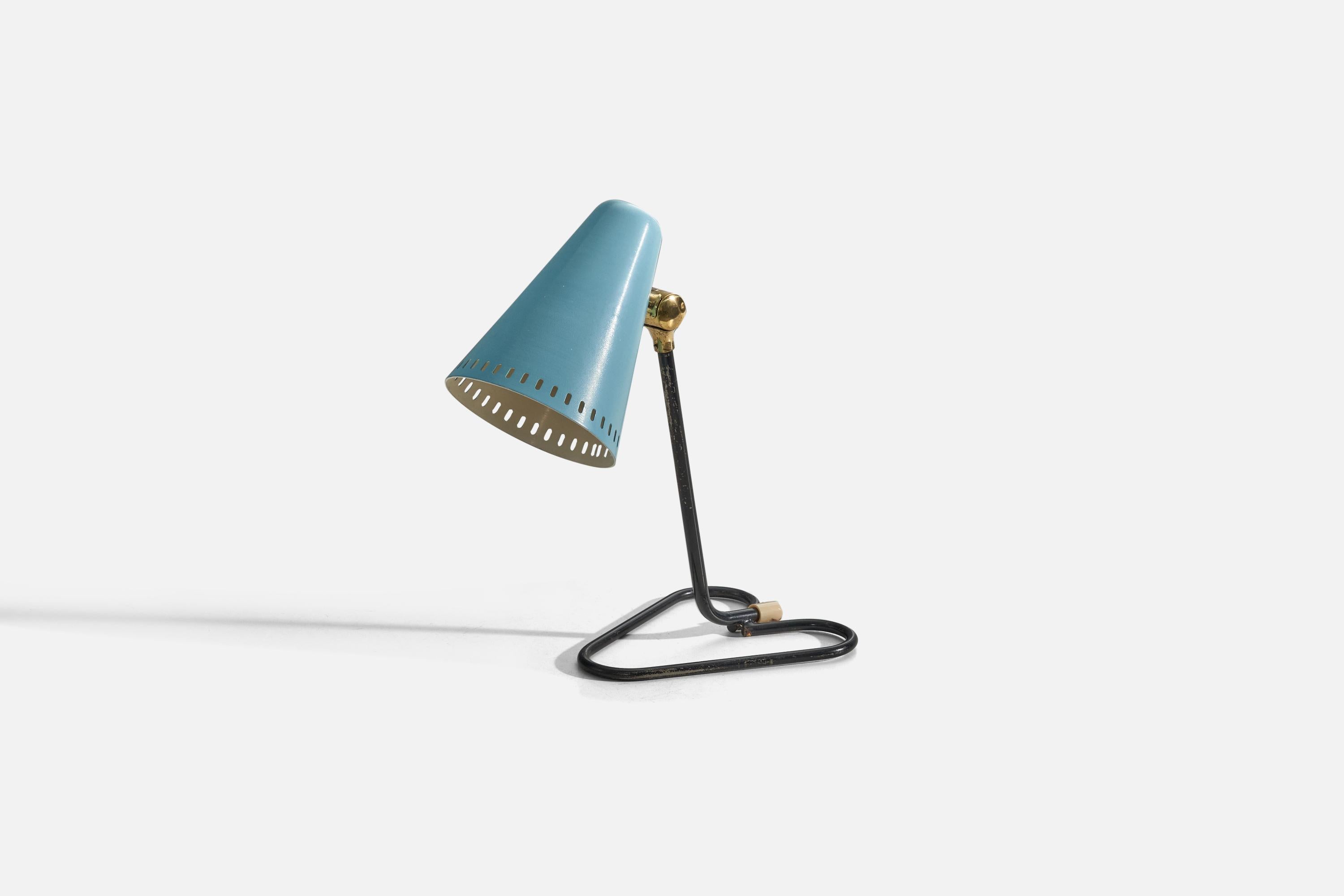 Mid-Century Modern Swedish Designer, Table Lamp, Brass, Blue Lacquered Metal, Sweden, c. 1950s