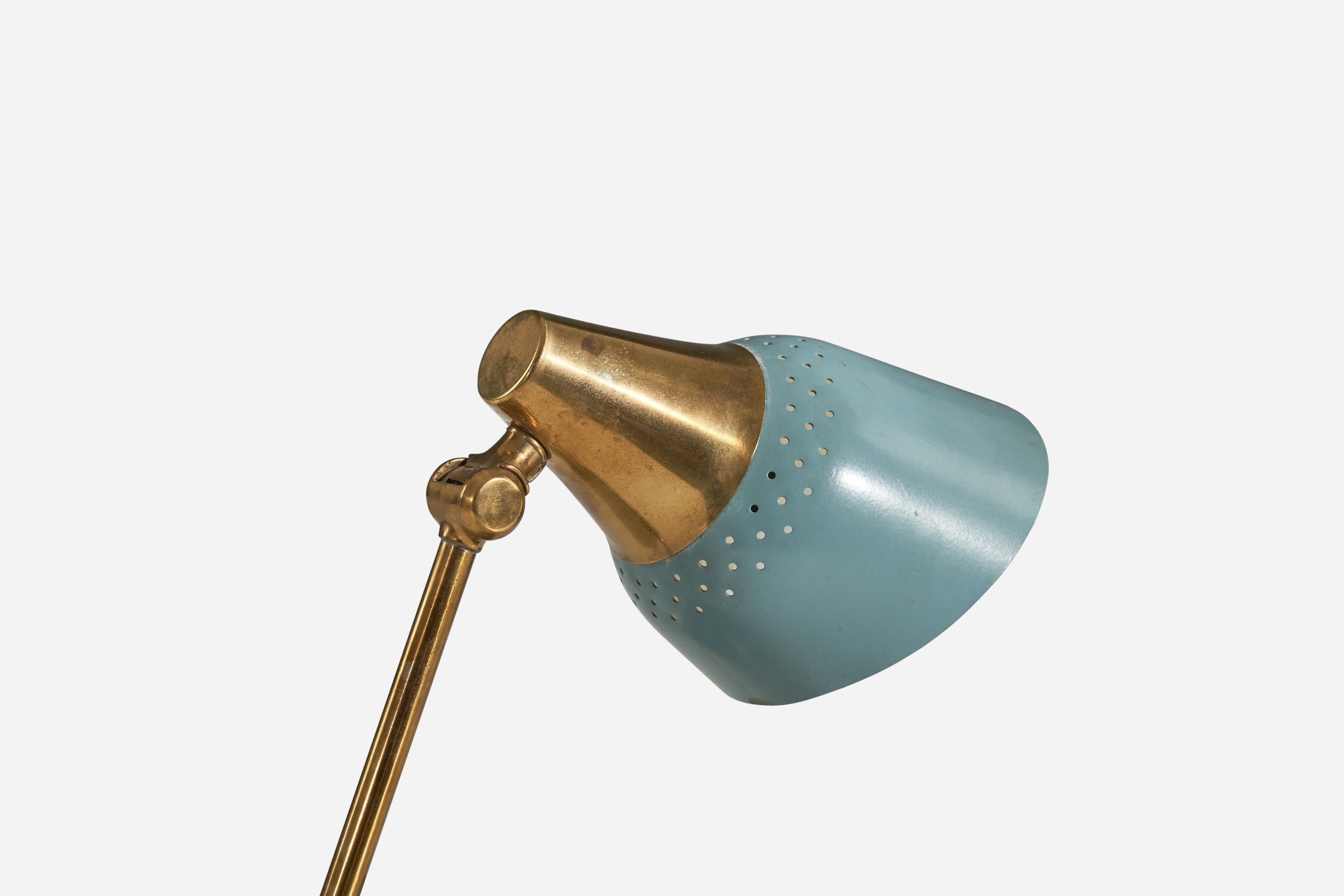 Mid-20th Century Swedish Designer, Table Lamp, Brass, Blue Lacquered Metal, Sweden, c. 1950s For Sale