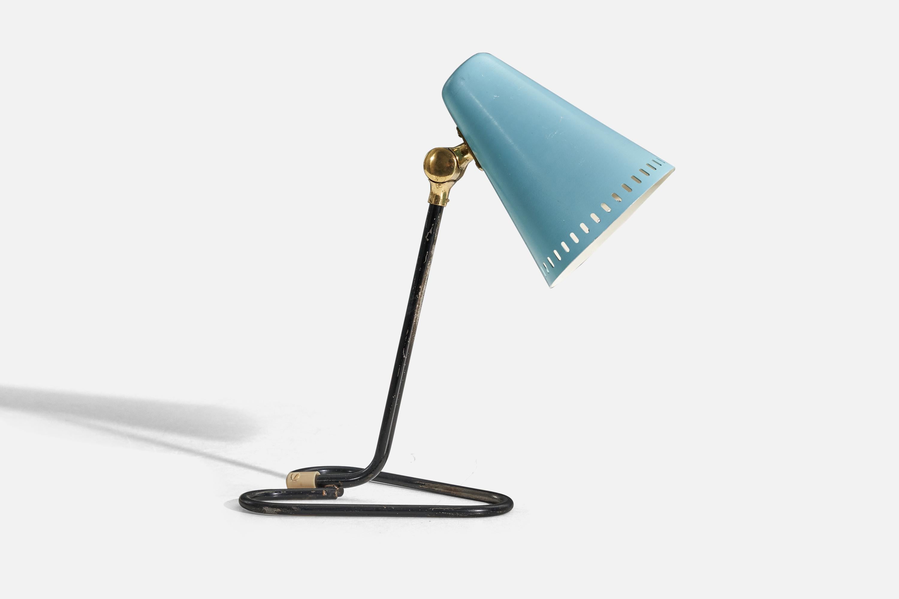 Swedish Designer, Table Lamp, Brass, Blue Lacquered Metal, Sweden, c. 1950s 1