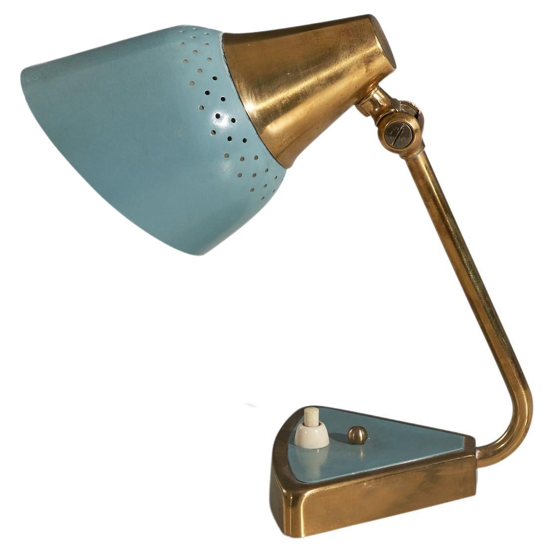 Swedish Designer, Table Lamp, Brass, Blue Lacquered Metal, Sweden, c. 1950s