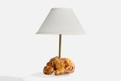 Schwedischer Designer, Tischlampe, Messing, Wurzelholz, Schweden, 1960er Jahre