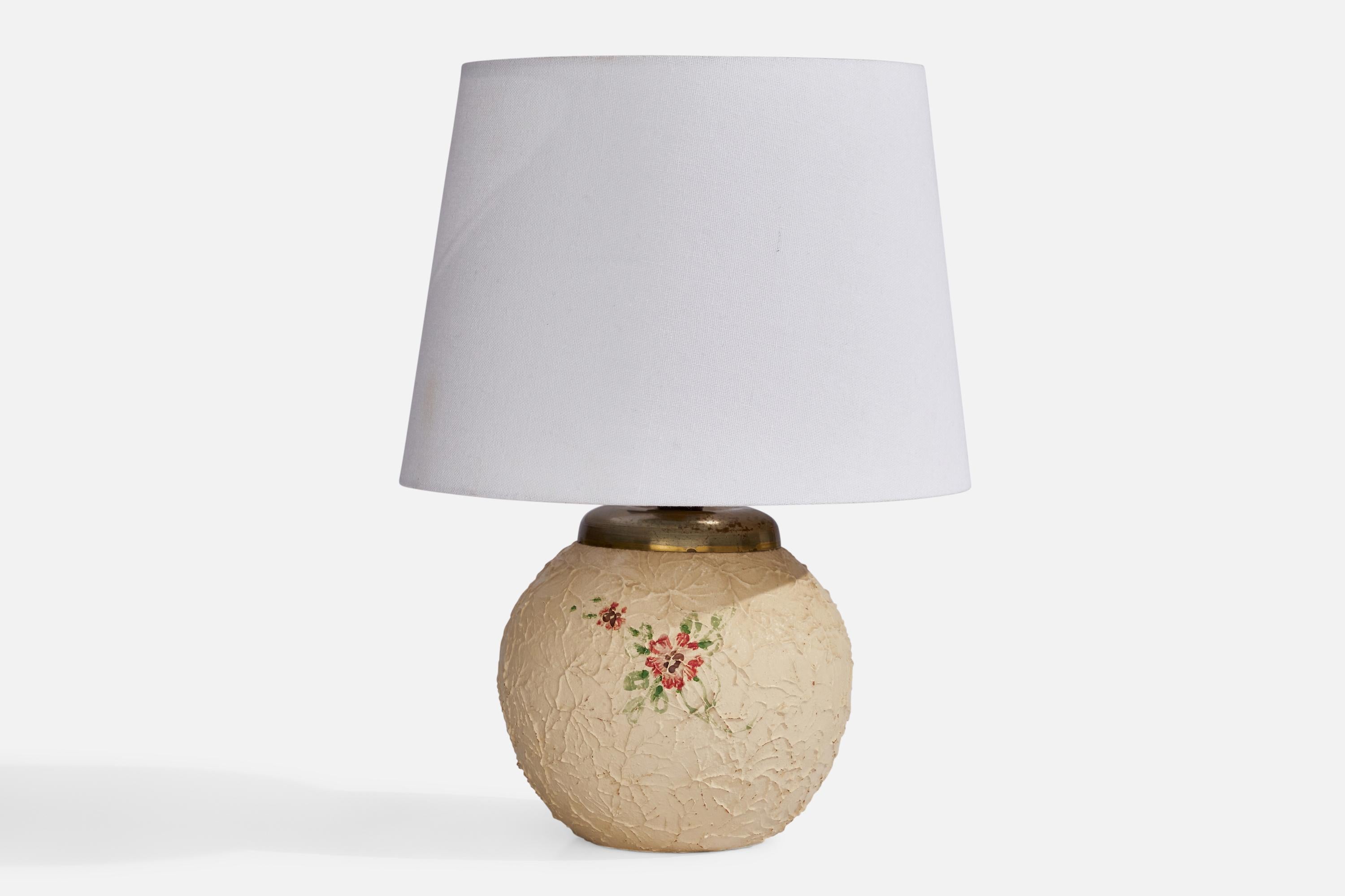 A hand-painted beige ceramic and brass table lamp designed and produced in Sweden, c. 1920s.

Dimensions of Lamp (inches): 8.9” H x 6” Diameter
Dimensions of Shade (inches): 8” Top Diameter x 10” Bottom Diameter x 7.25” H
Dimensions of Lamp with