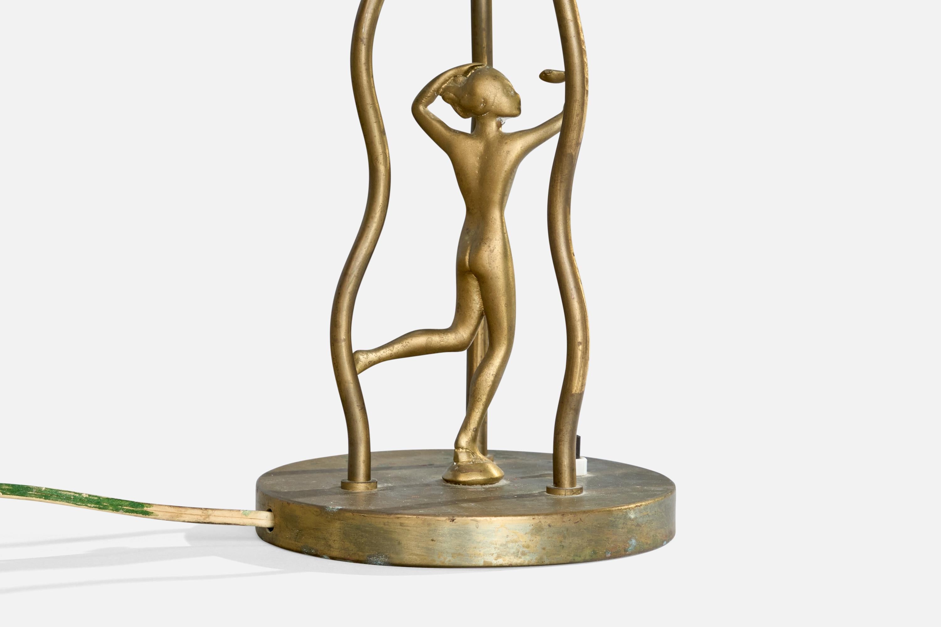 Designer suédois, lampe de bureau, laiton, tissu, Suède, années 1930 en vente 3