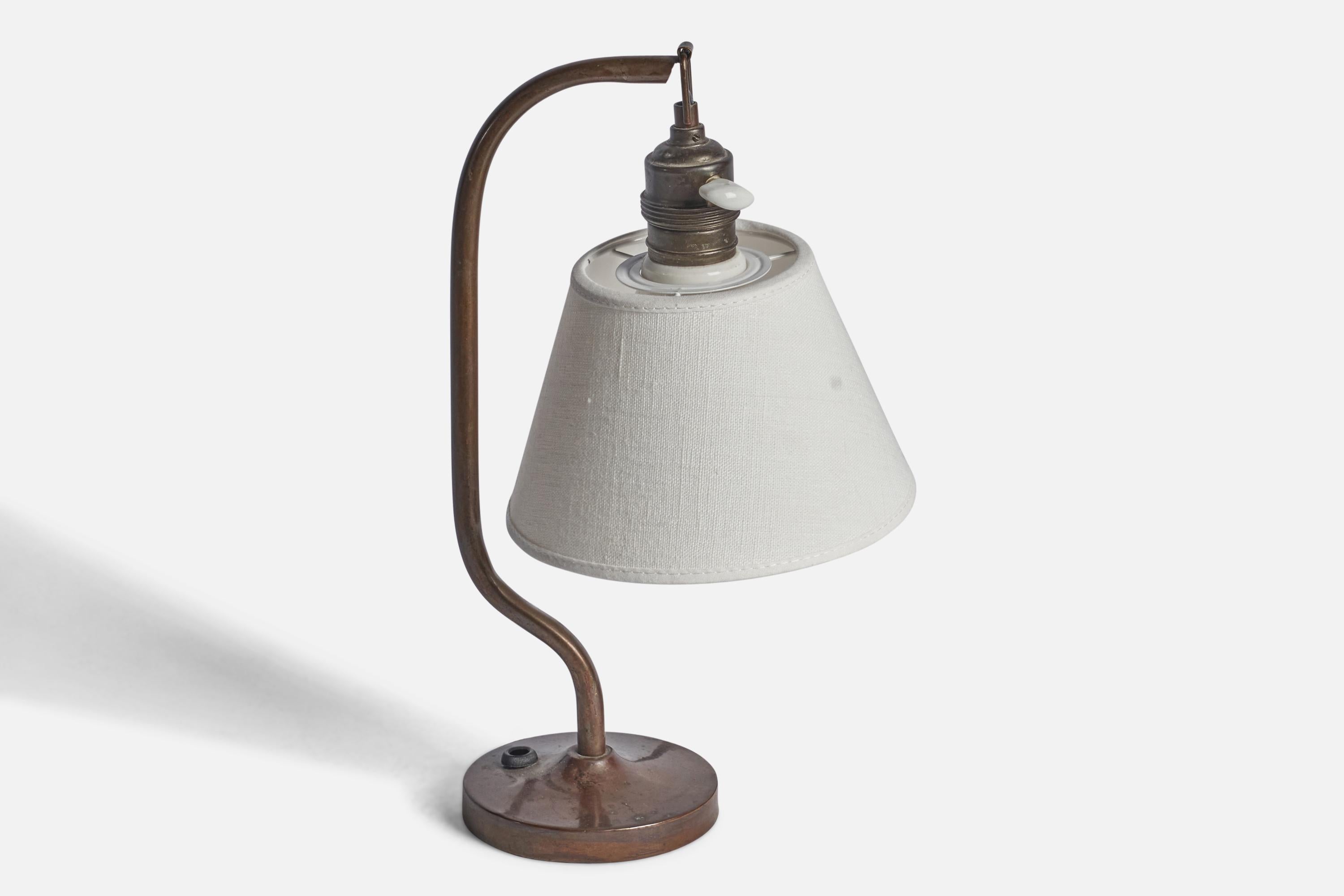 Mid-Century Modern Swedish Designer, Table Lamp, Brass, Fabric, Sweden, 1930s For Sale