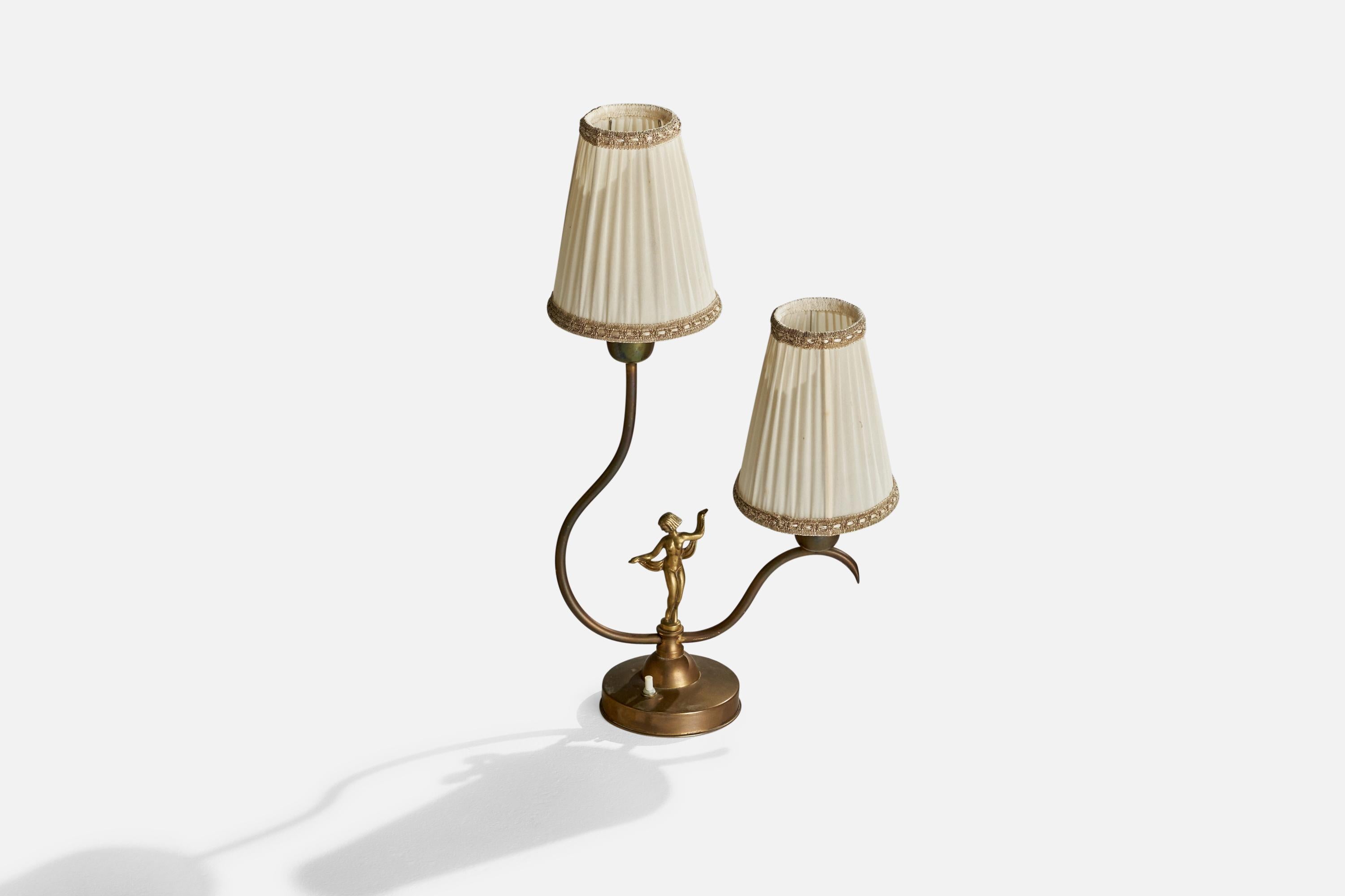 Scandinavian Modern Swedish Designer, Table Lamp, Brass, Fabric, Sweden, 1930s