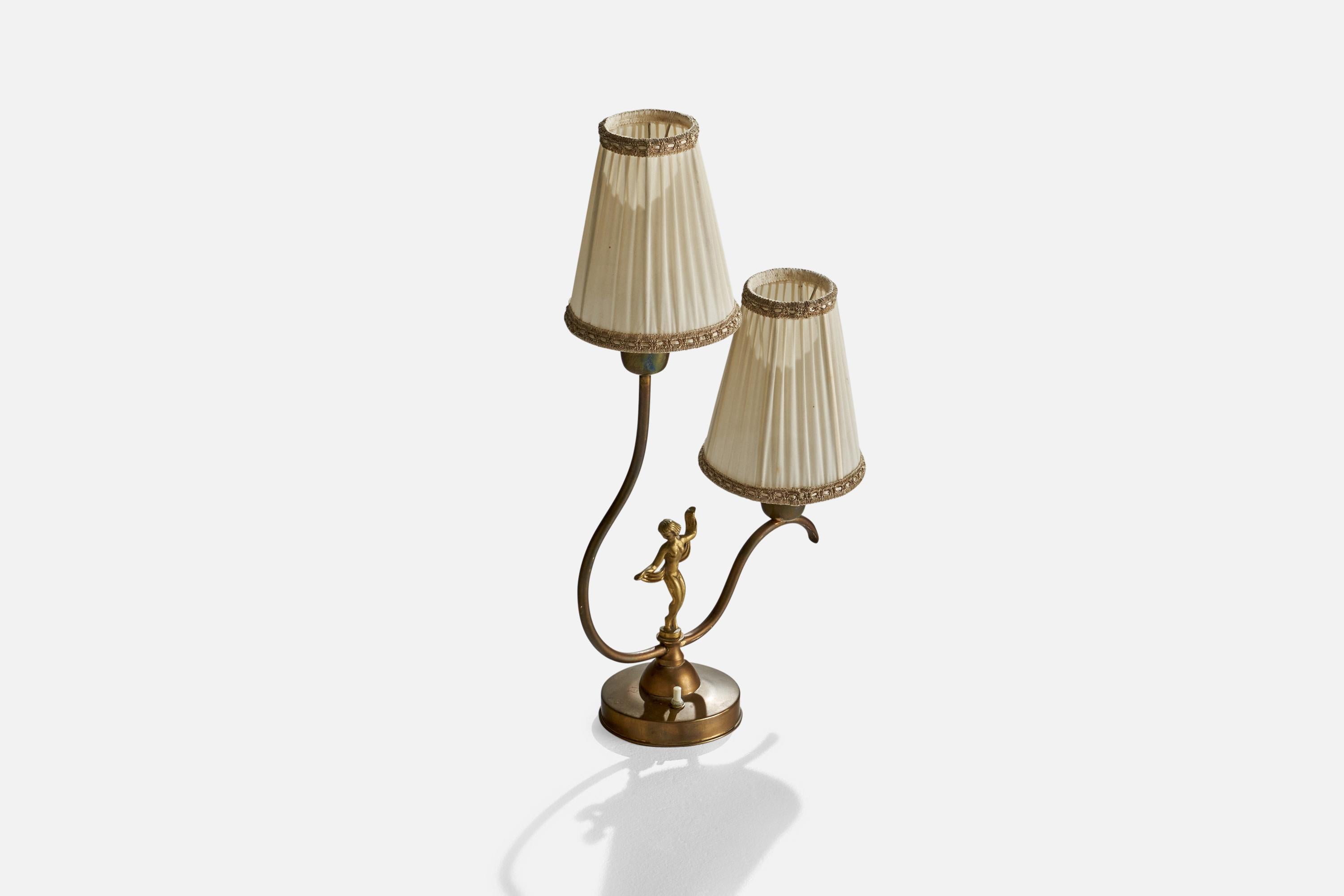 Swedish Designer, Table Lamp, Brass, Fabric, Sweden, 1930s In Good Condition For Sale In High Point, NC