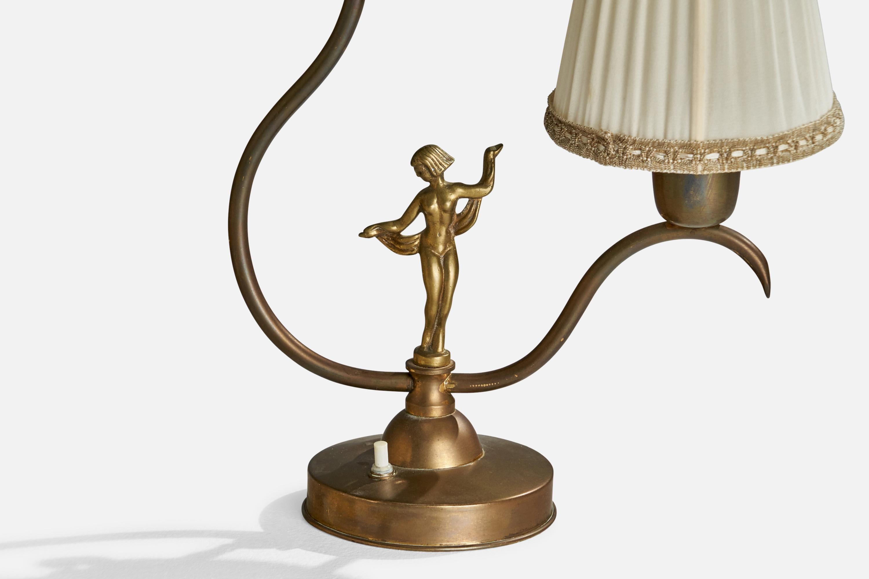 Swedish Designer, Table Lamp, Brass, Fabric, Sweden, 1930s 1