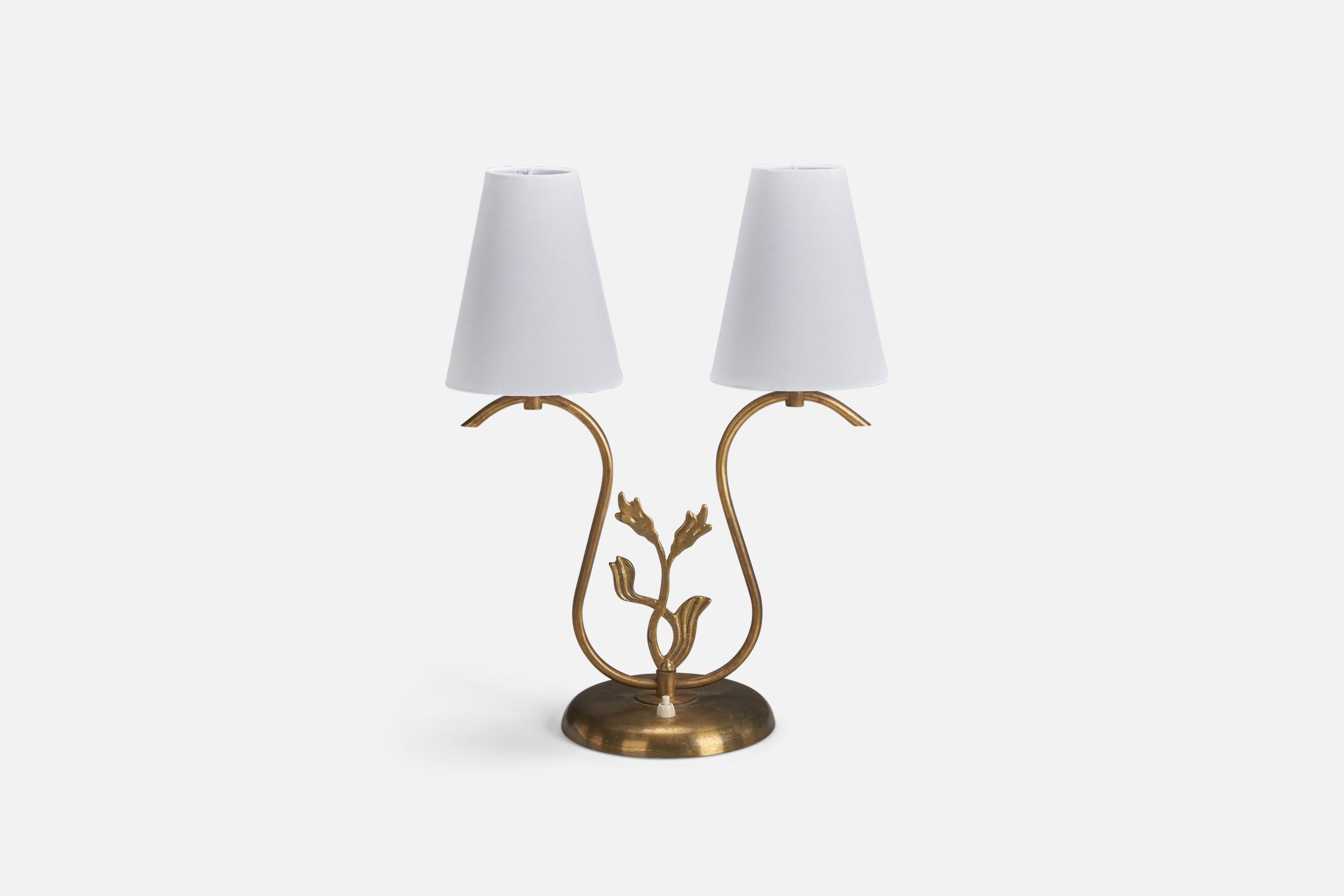 A brass and fabric table lamp designed and produced by a Swedish Designer, Sweden, 1940s.

Dimensions of Lamp (inches) : 13.62 x 12.93 x 6.87 (Height x Width x Depth)
Dimensions of Lampshade (inches) : 3 x 5.5 x 6.5 (Top Diameter x Bottom