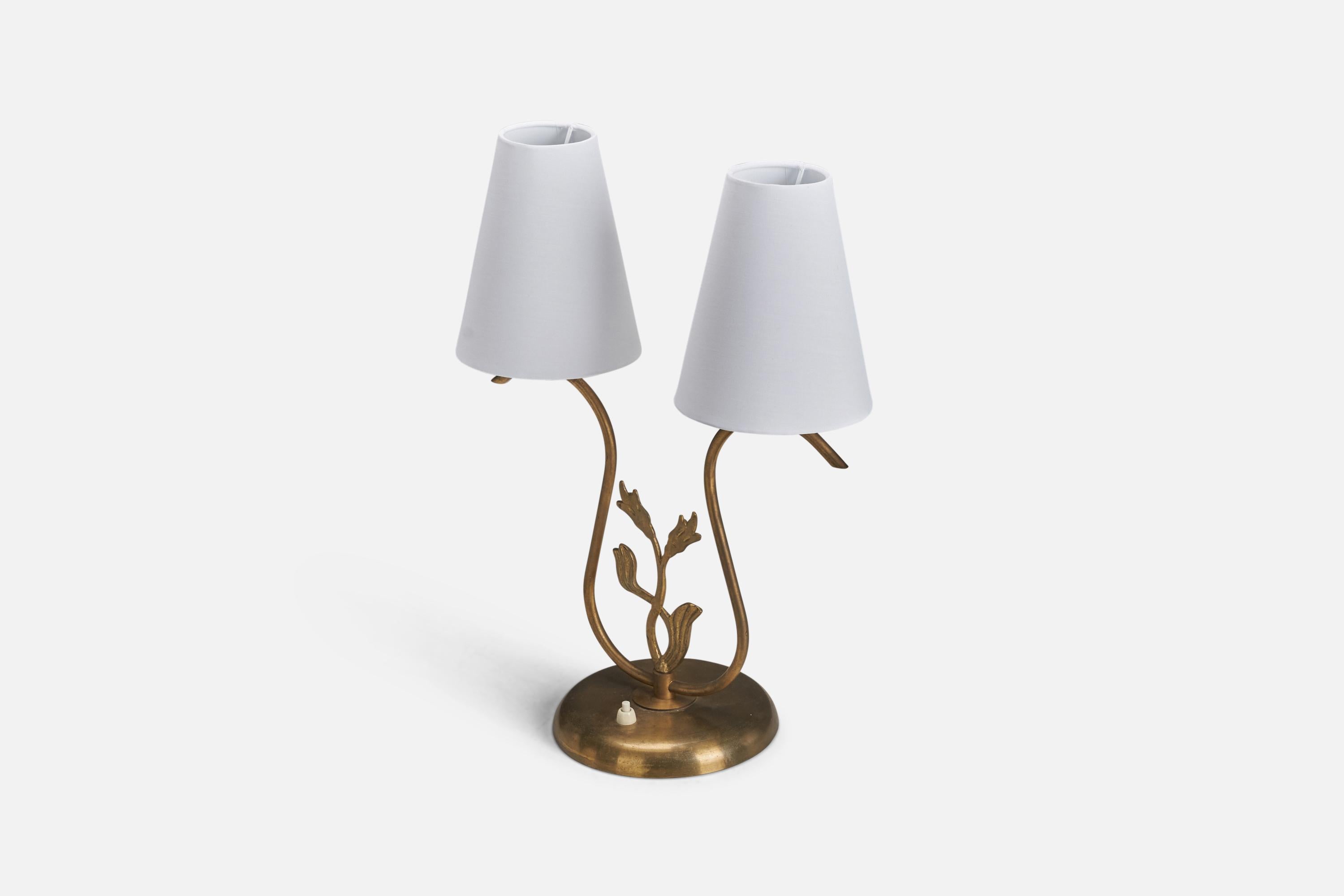 Scandinavian Modern Swedish Designer, Table Lamp, Brass, Fabric, Sweden, 1940s For Sale
