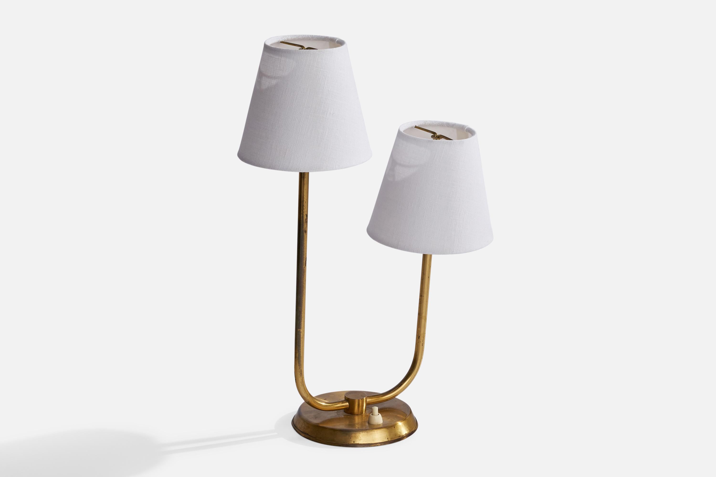 Scandinavian Modern Swedish Designer, Table Lamp, Brass, Fabric, Sweden, 1940s