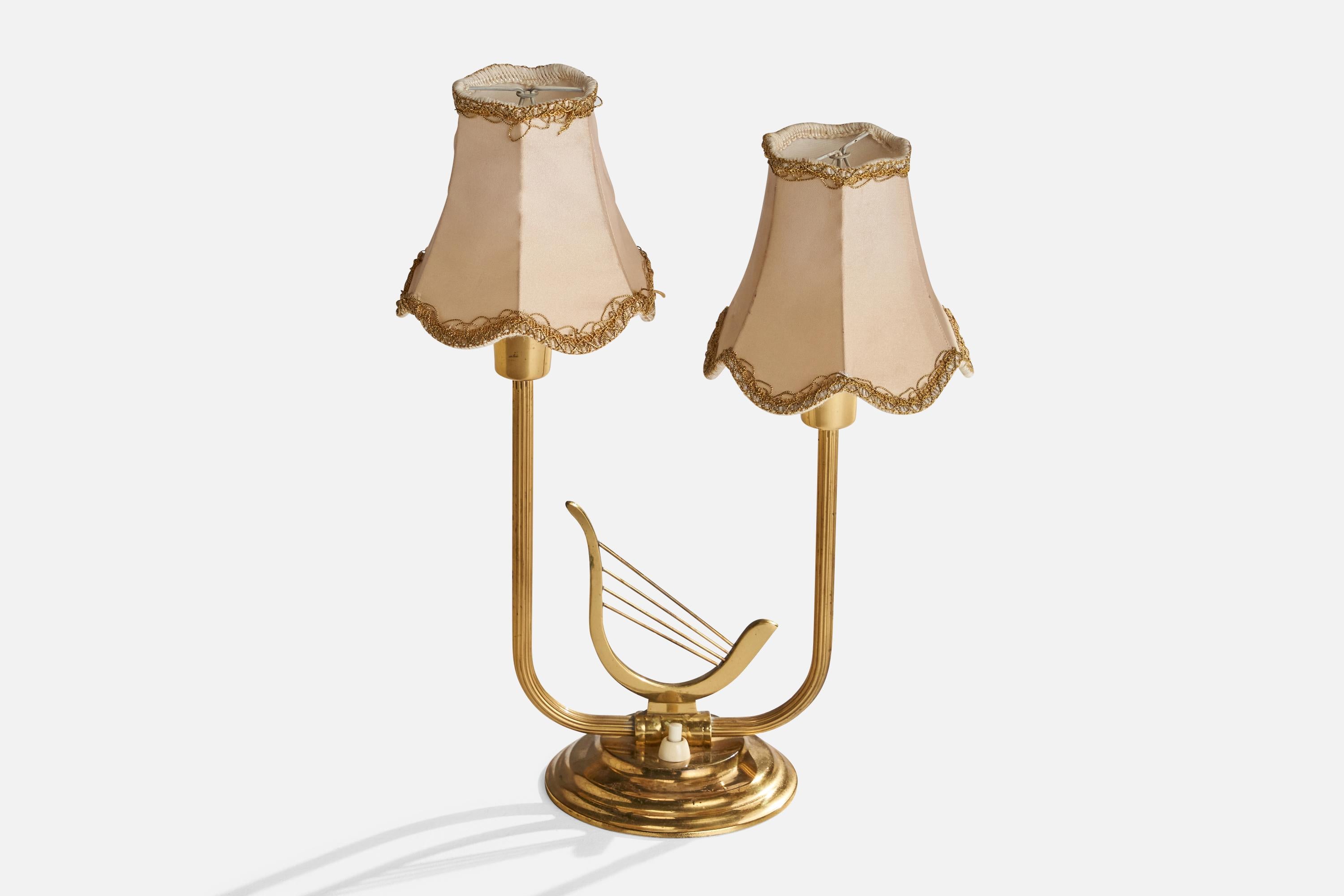 Scandinavian Modern Swedish Designer, Table Lamp, Brass, Fabric, Sweden, 1940s For Sale