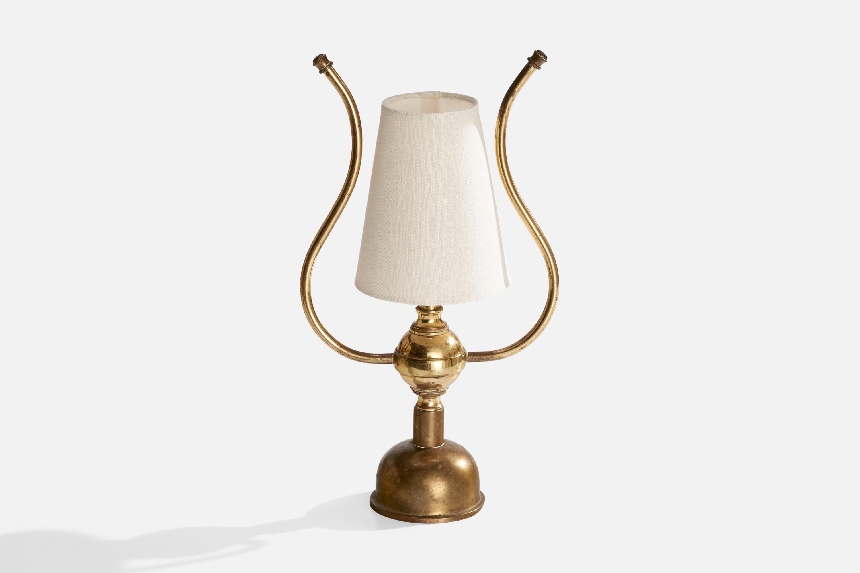 Swedish Designer, Table Lamp, Brass, Fabric, Sweden, 1940s In Good Condition For Sale In High Point, NC