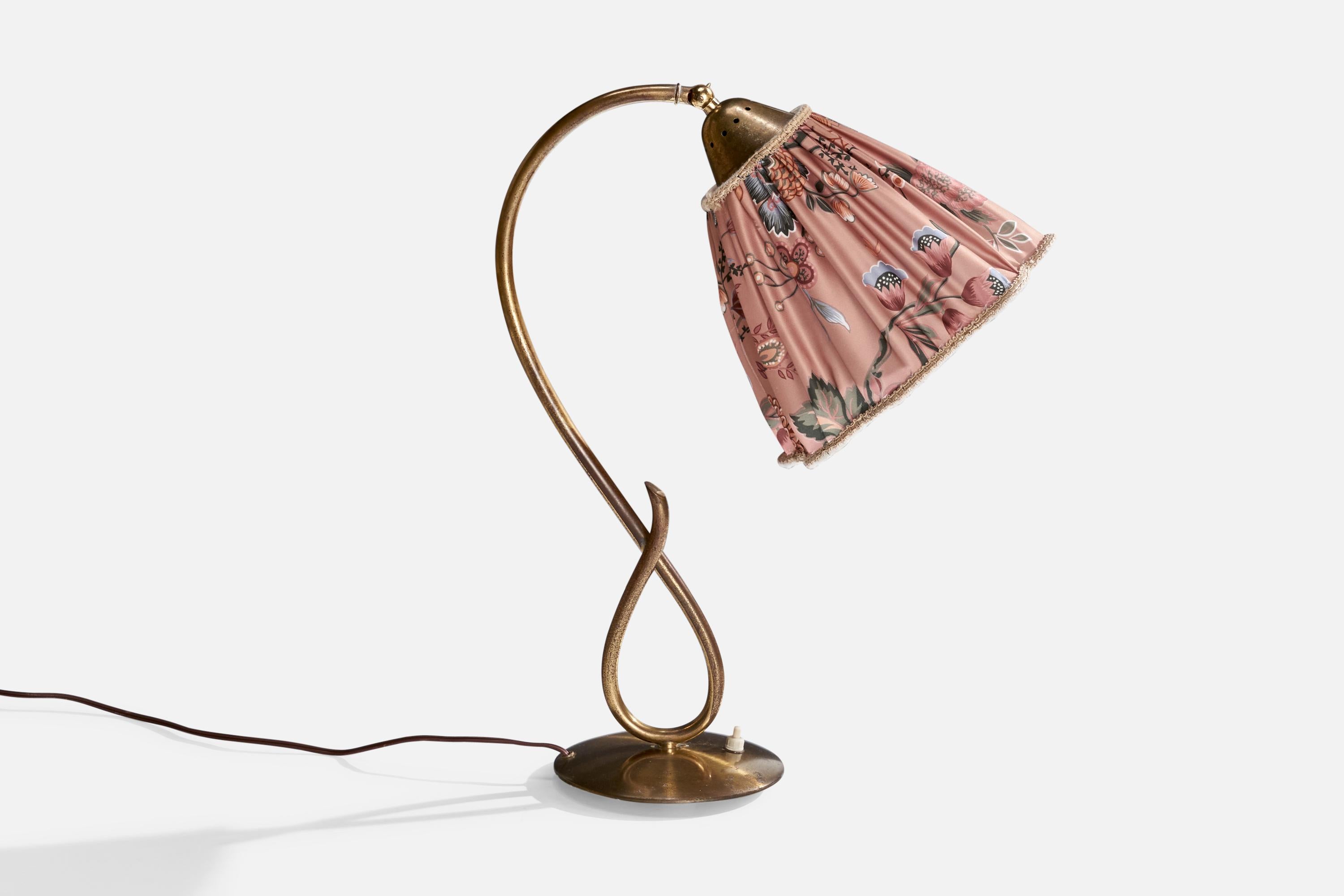 Scandinavian Modern Swedish Designer, Table Lamp, Brass, Fabric, Sweden, 1940s For Sale