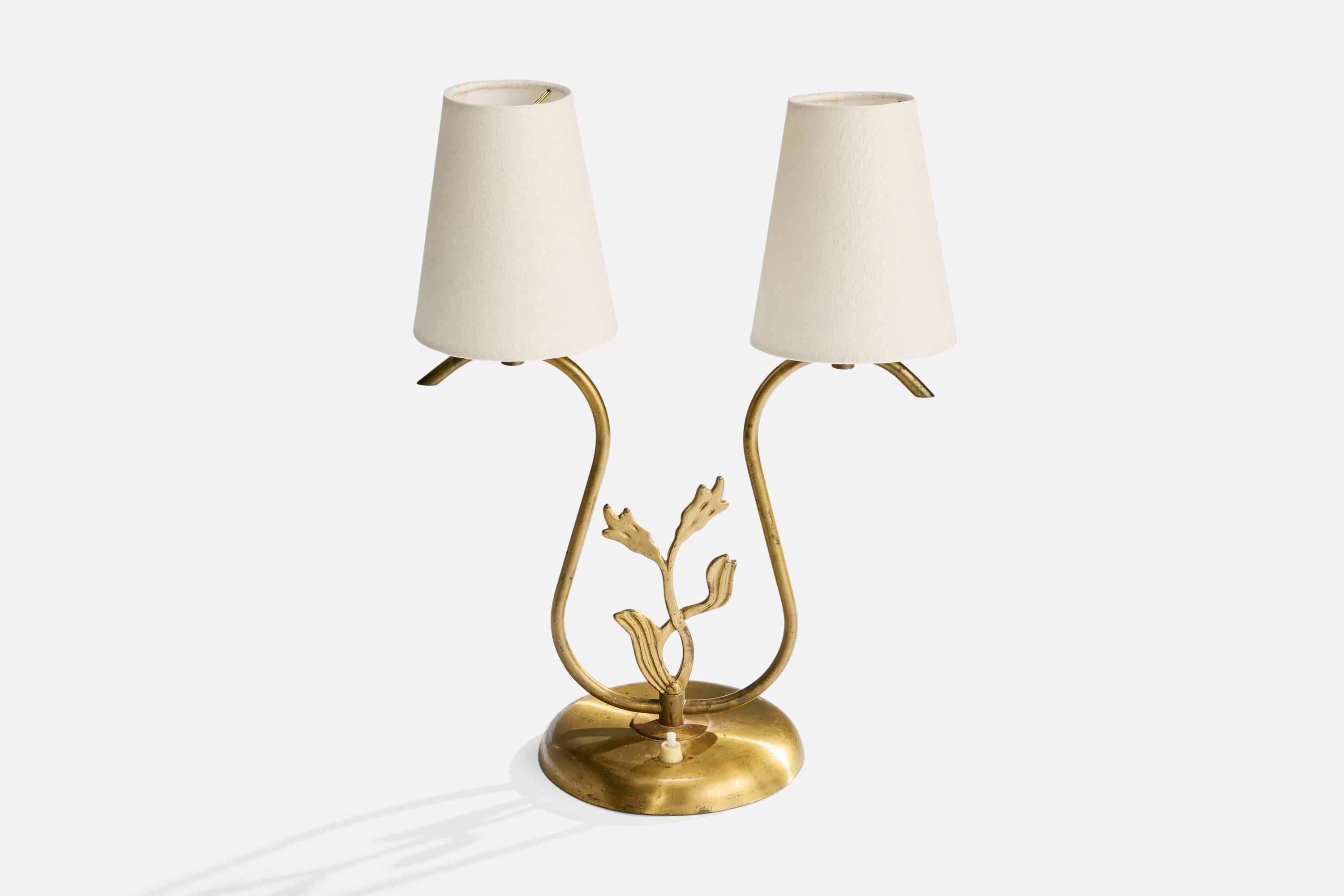 Scandinavian Modern Swedish Designer, Table Lamp, Brass, Fabric, Sweden, 1940s For Sale