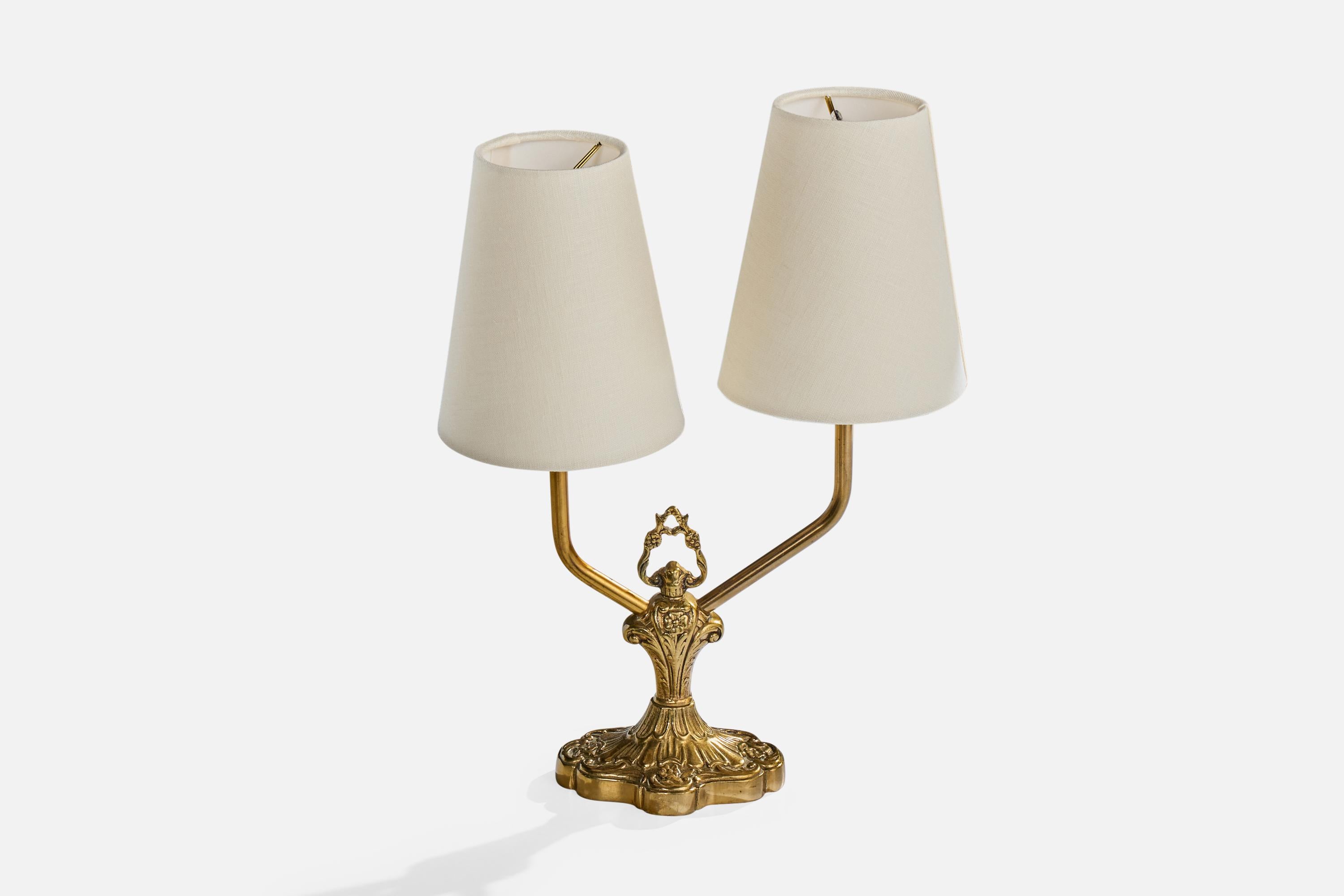 Scandinavian Modern Swedish Designer, Table Lamp, Brass, Fabric, Sweden, 1940s For Sale