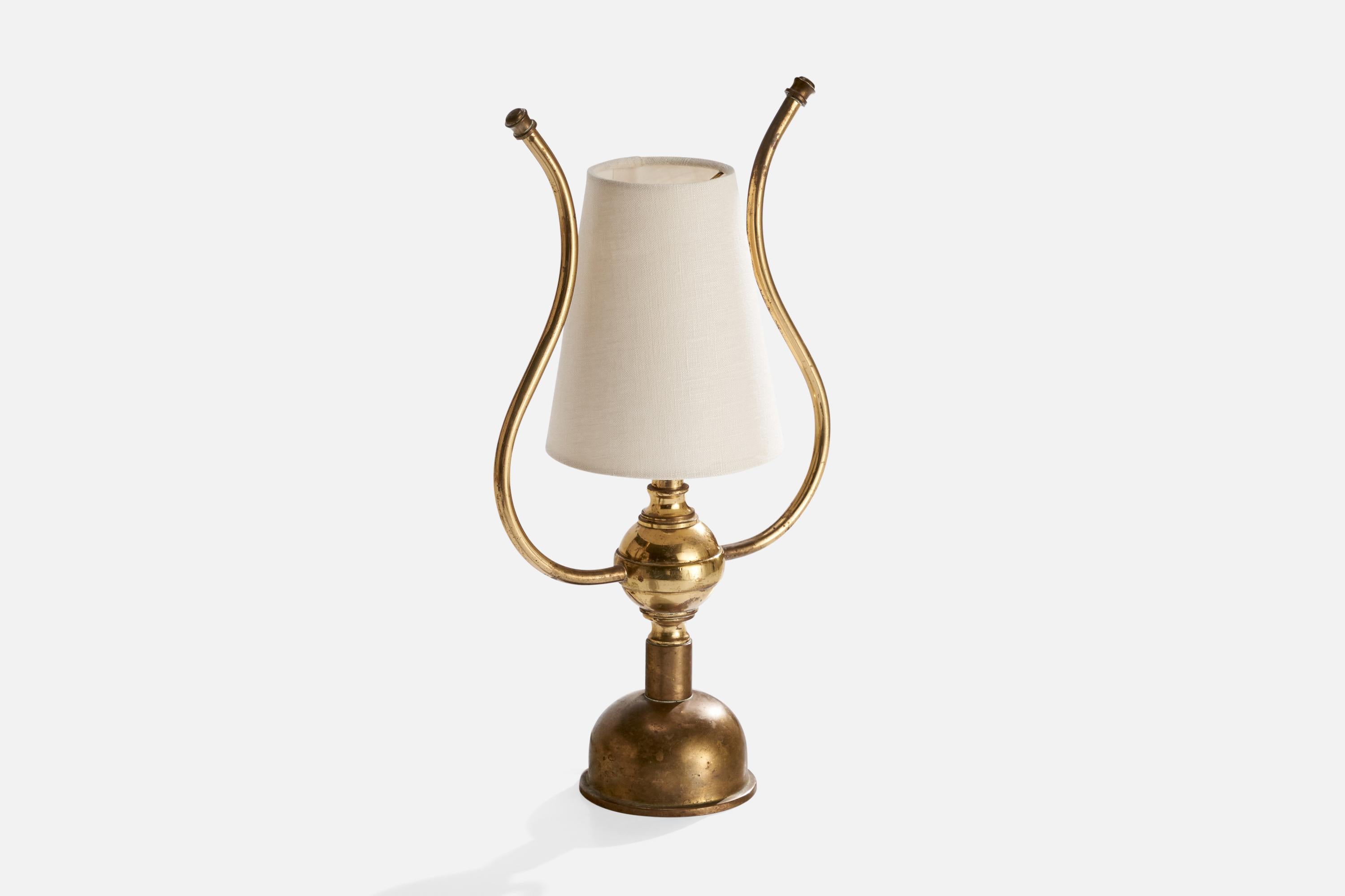 Mid-20th Century Swedish Designer, Table Lamp, Brass, Fabric, Sweden, 1940s For Sale