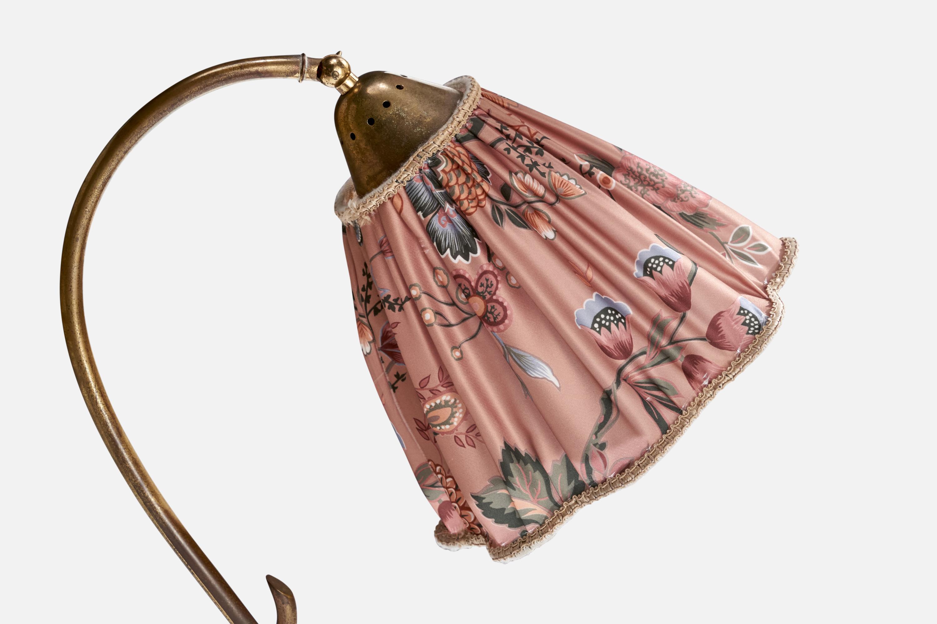 Mid-20th Century Swedish Designer, Table Lamp, Brass, Fabric, Sweden, 1940s For Sale