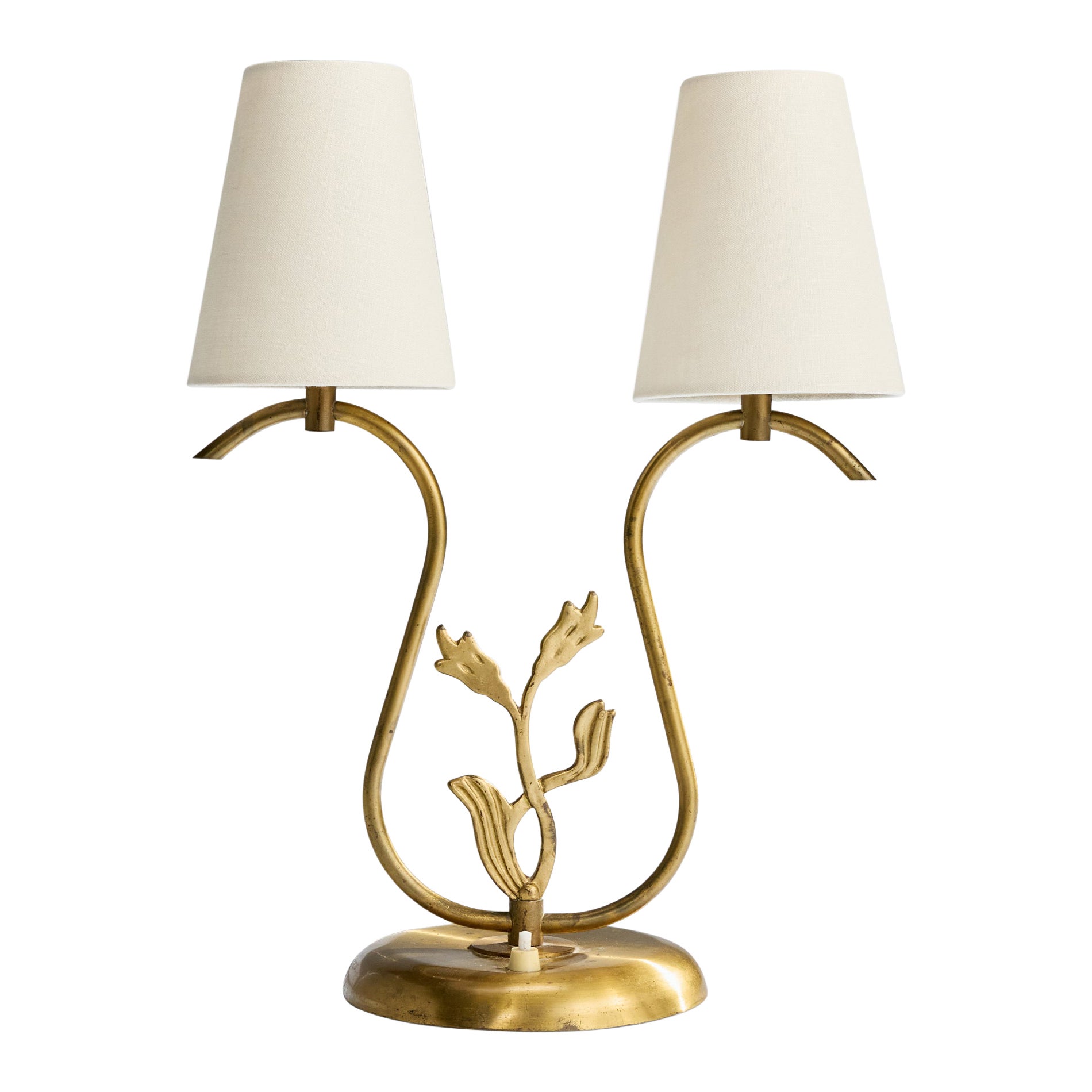 Swedish Designer, Table Lamp, Brass, Fabric, Sweden, 1940s For Sale