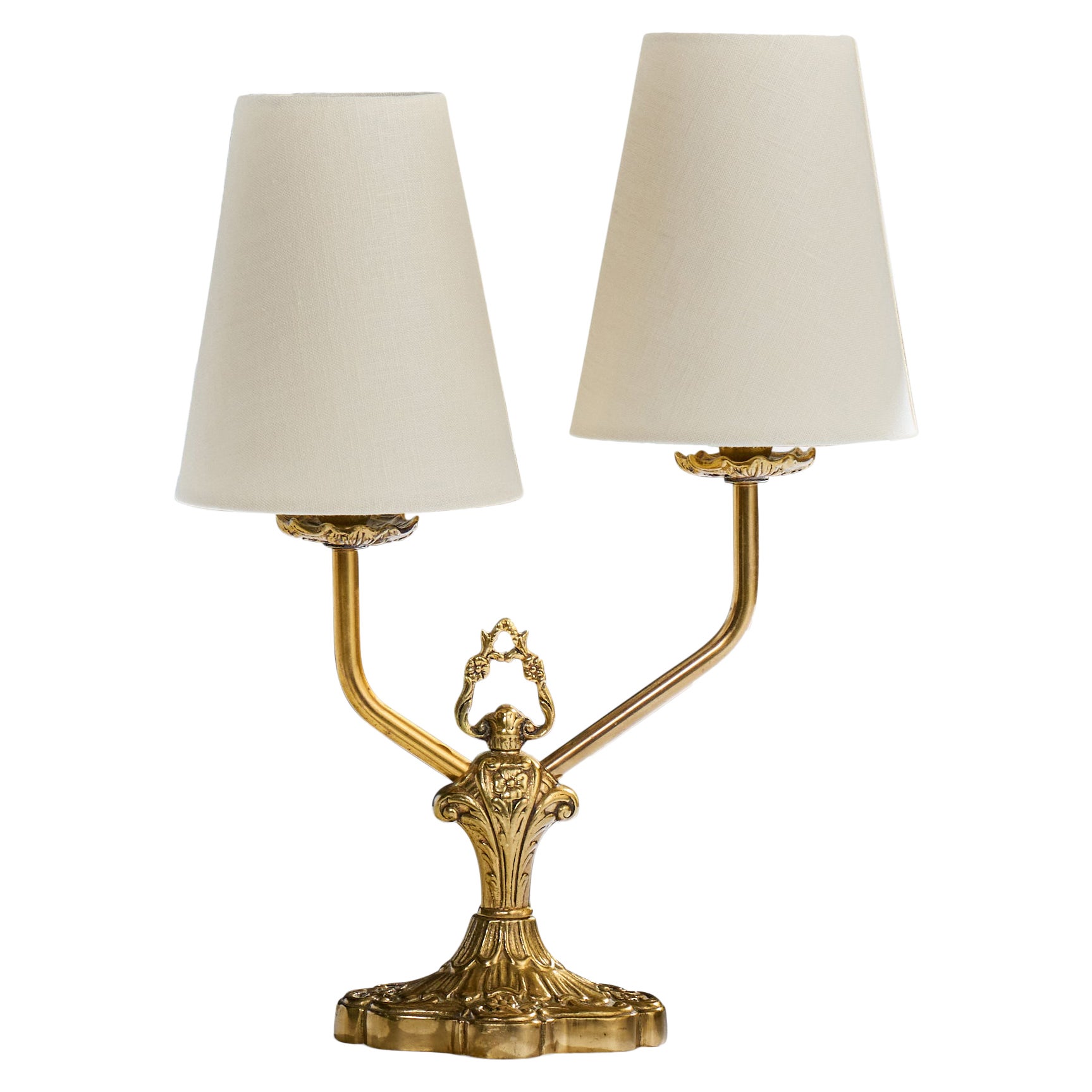 Swedish Designer, Table Lamp, Brass, Fabric, Sweden, 1940s