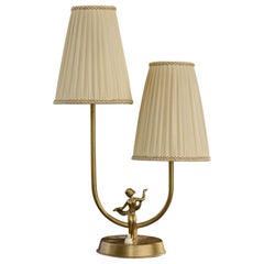 Swedish Designer, Table Lamp, Brass, Fabric, Sweden, 1940s