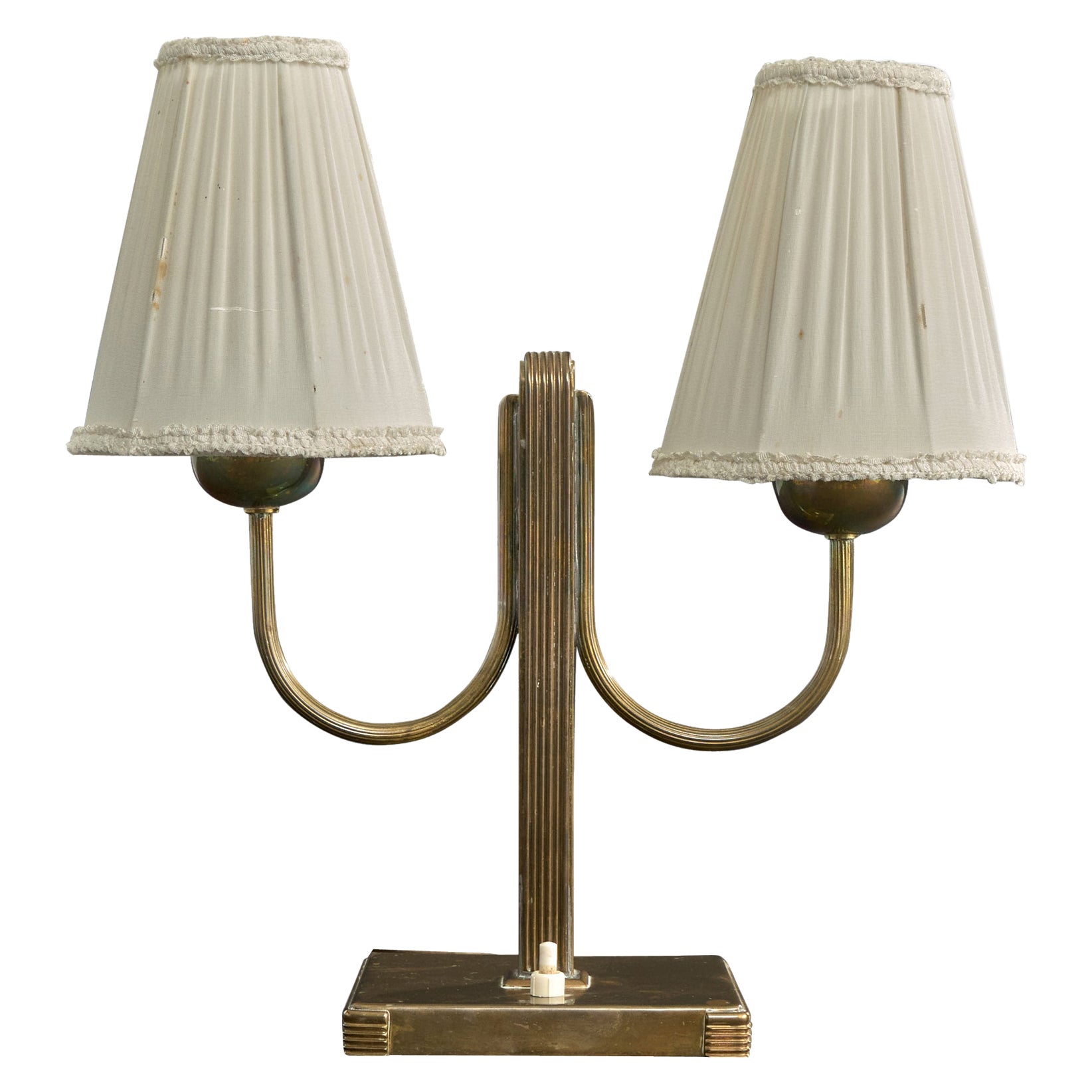 Schwedische Designerin, Tischlampe, Messing, Stoff, Schweden, 1940er Jahre