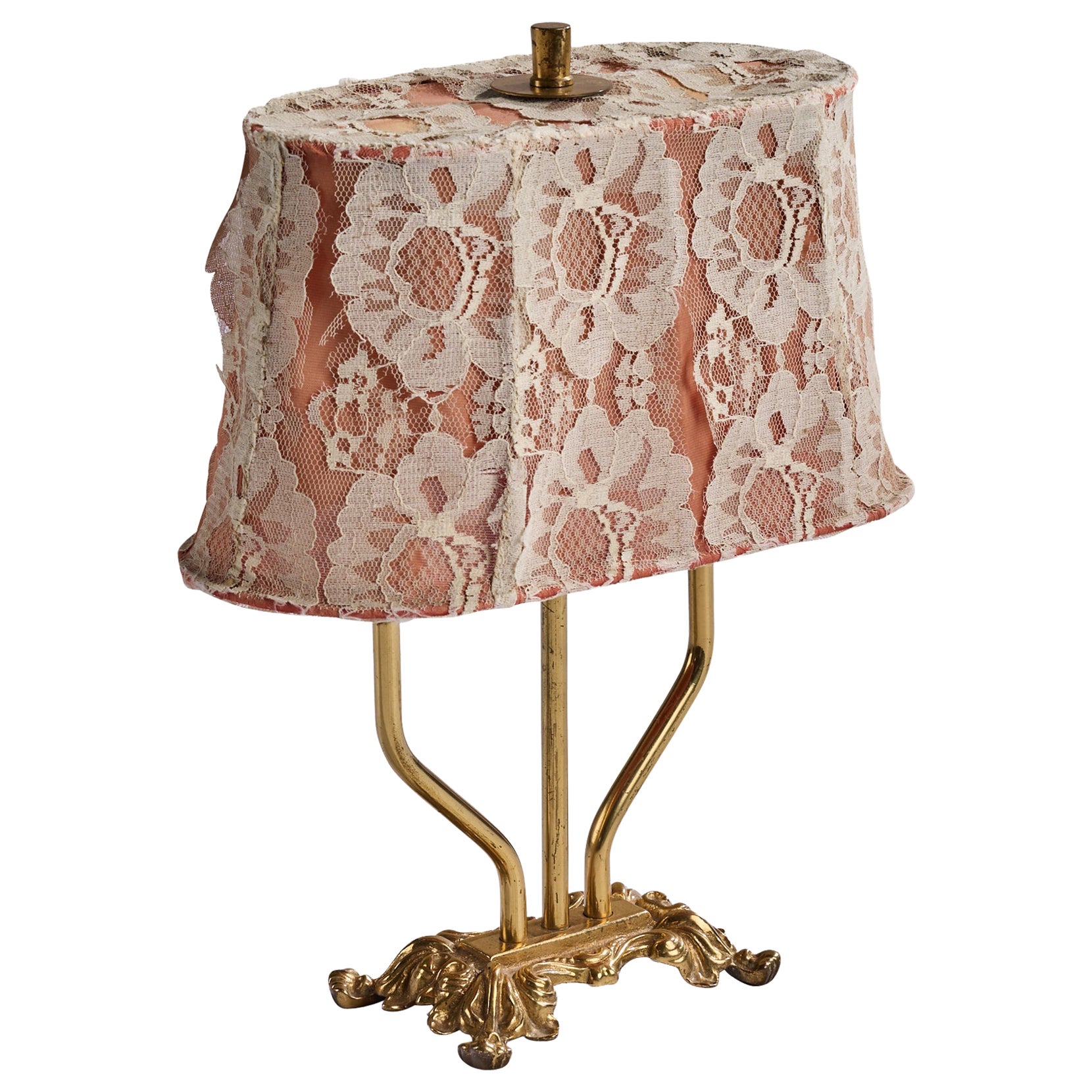 Swedish Designer, Table Lamp, Brass, Fabric, Sweden, 1940s