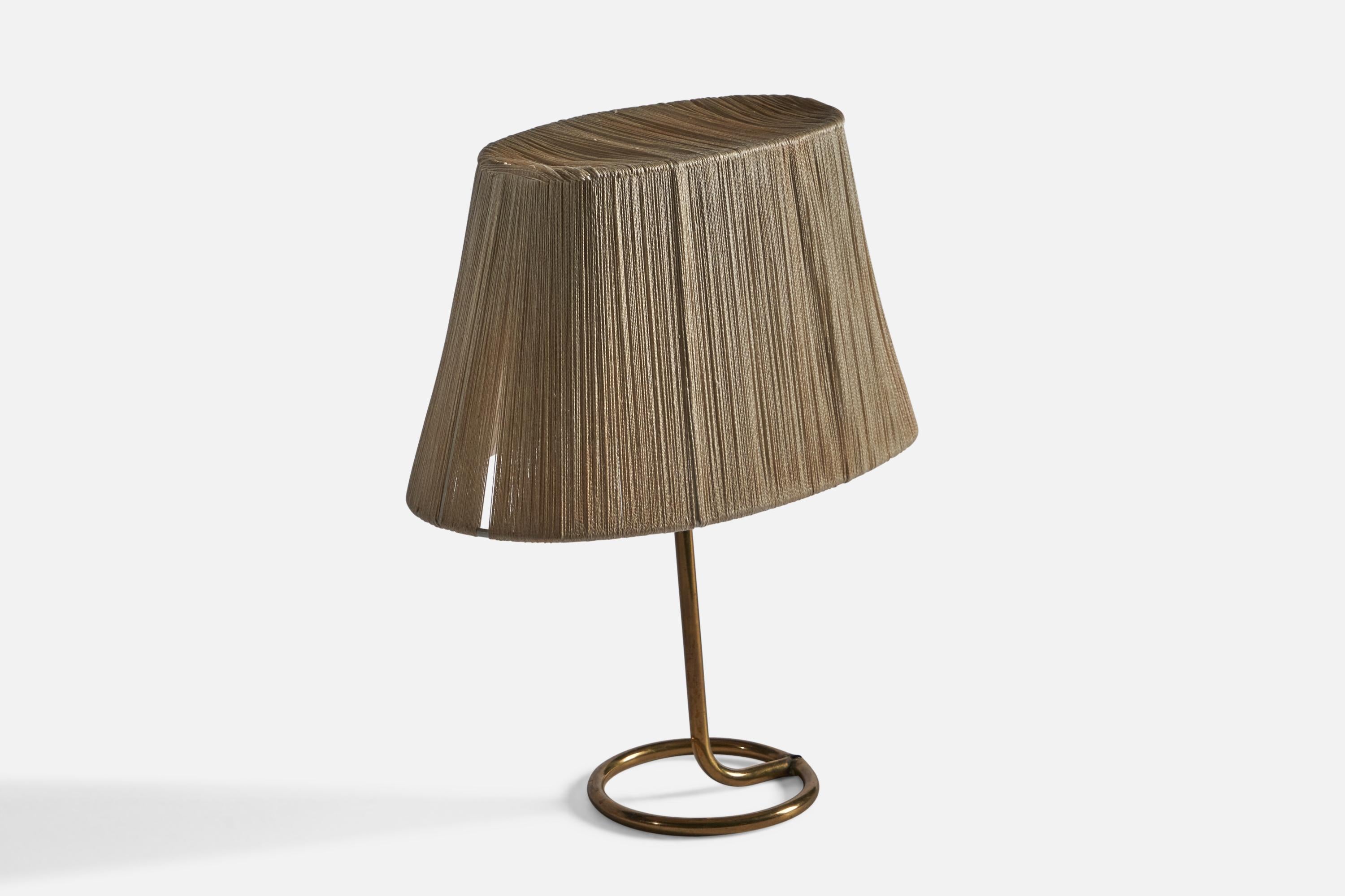 Mid-Century Modern Swedish Designer, Table Lamp, Brass, Fabric, Sweden, 1950s For Sale