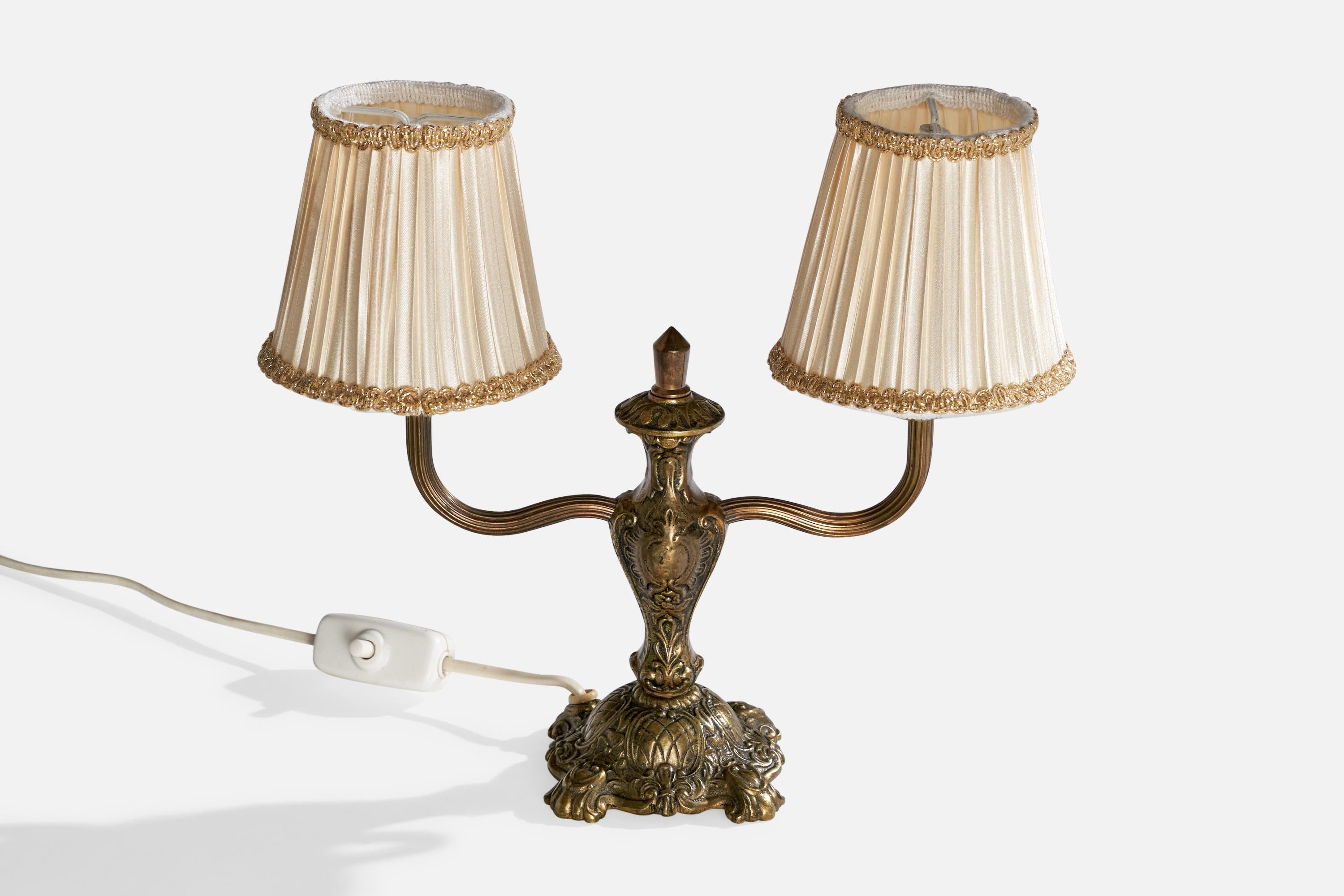 Scandinavian Modern Swedish Designer, Table Lamp, Brass, Fabric, Sweden, 1950s For Sale