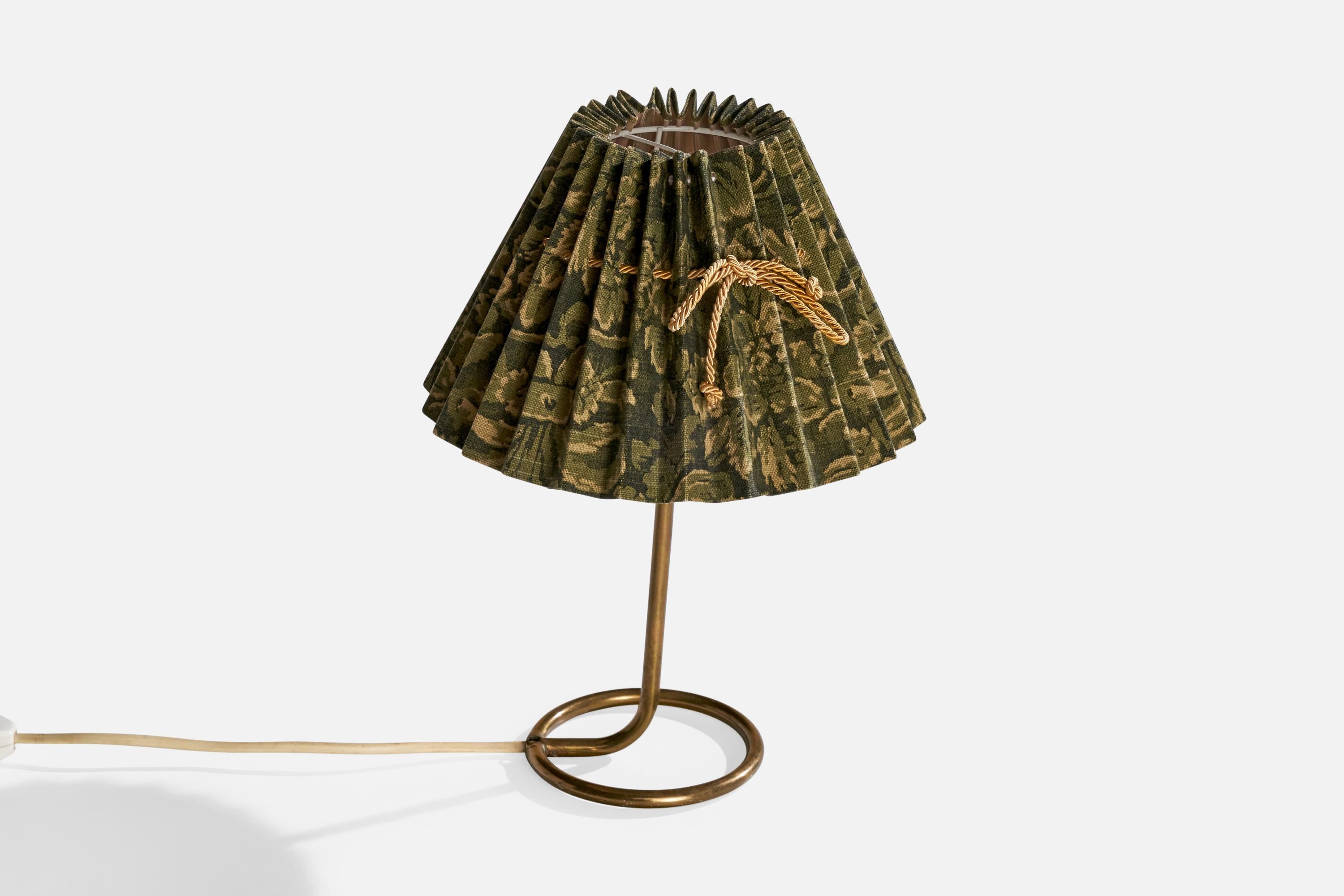 Scandinavian Modern Swedish Designer, Table Lamp, Brass, Fabric, Sweden, 1950s For Sale