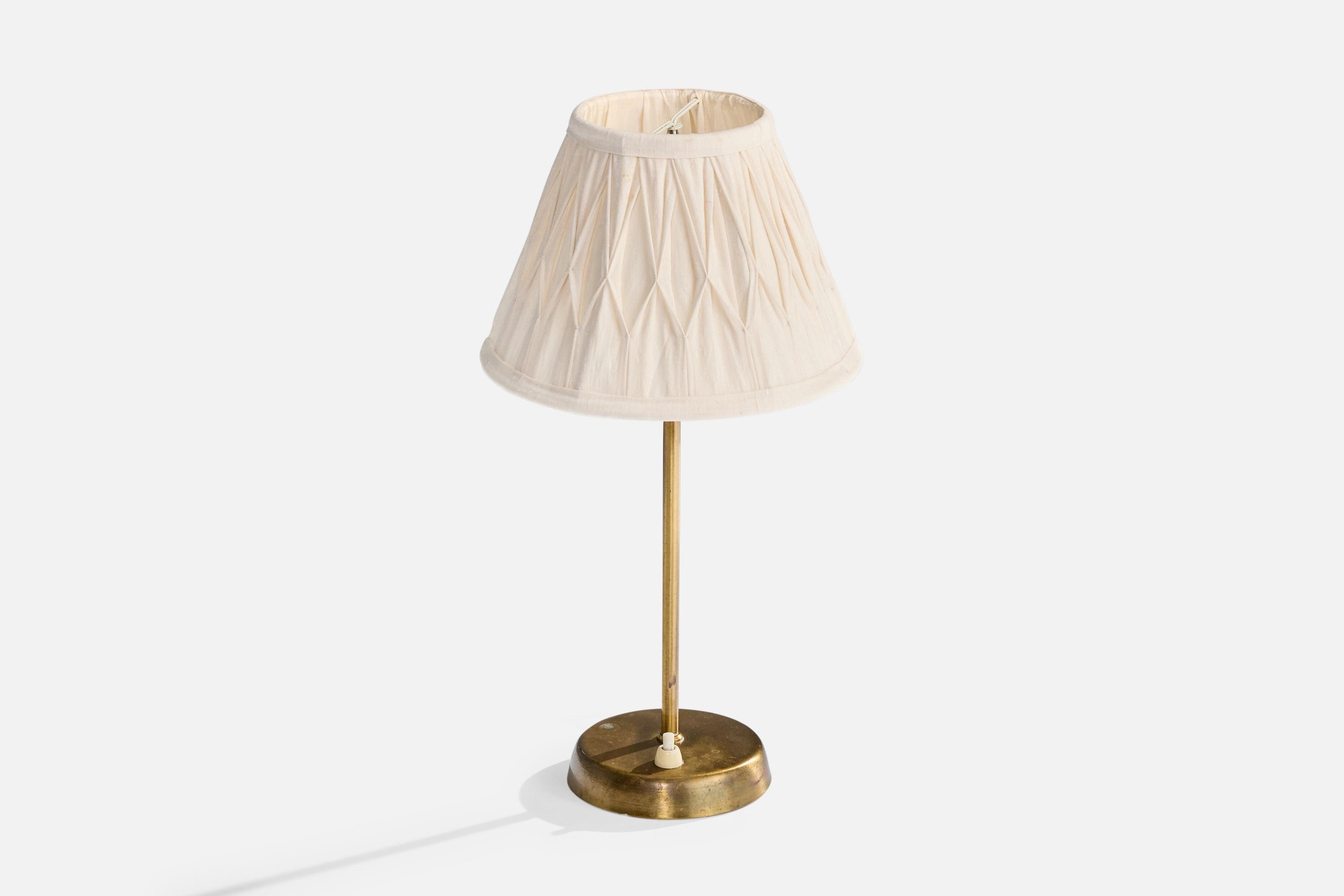 Mid-Century Modern Swedish Designer, Table Lamp, Brass, Fabric, Sweden, 1950s For Sale