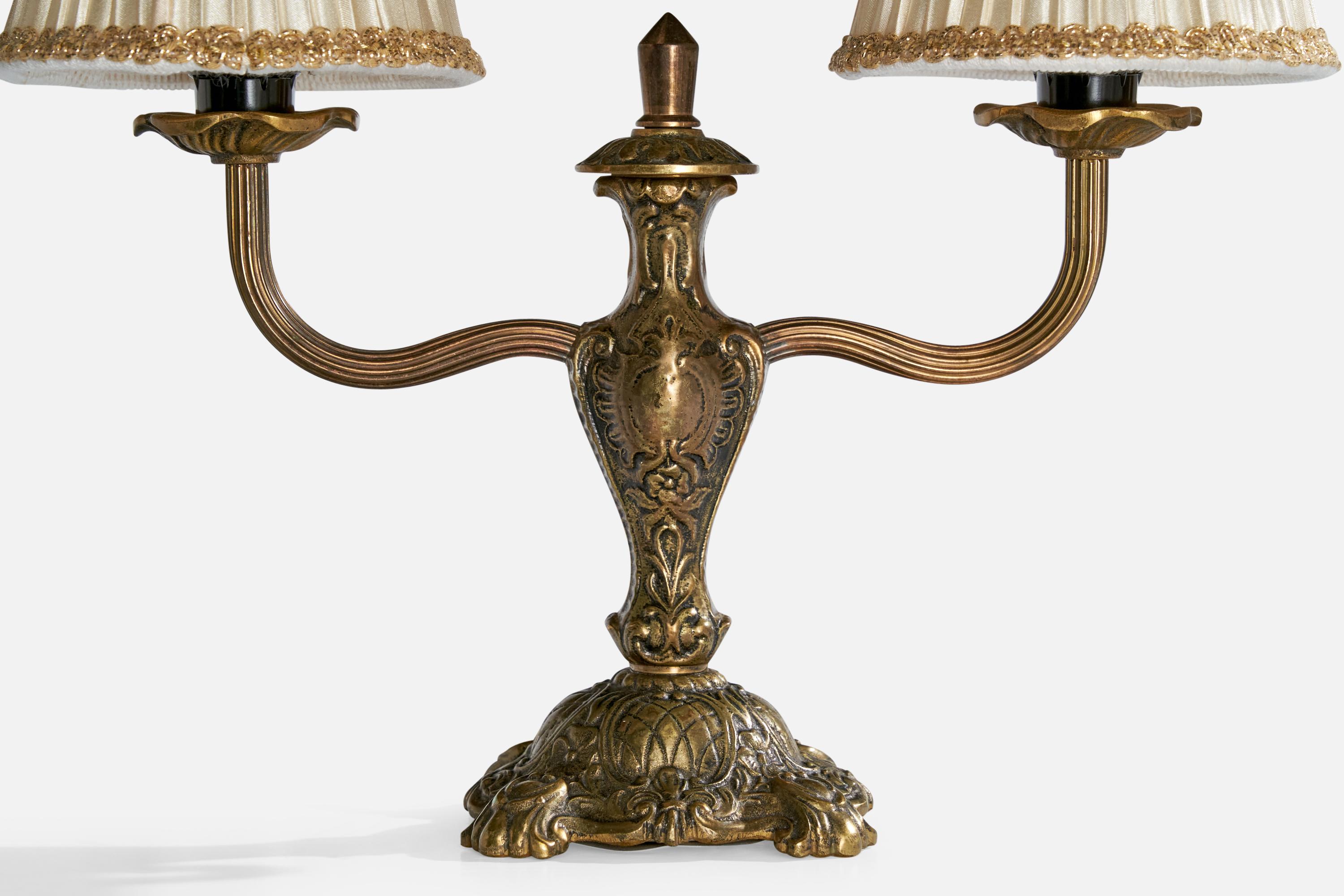 Mid-20th Century Swedish Designer, Table Lamp, Brass, Fabric, Sweden, 1950s For Sale