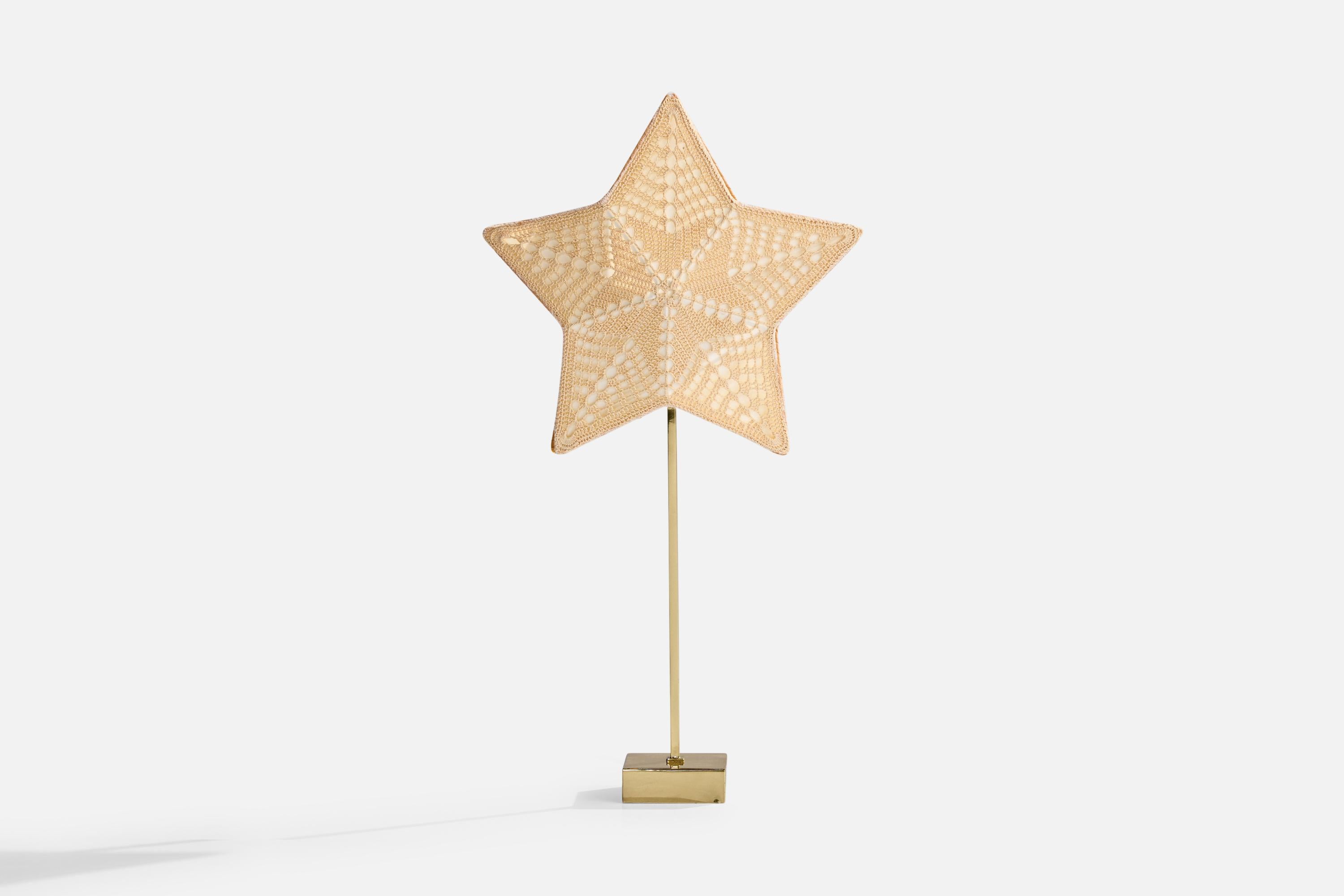 A brass and beige embroidery fabric table lamp designed and produced in Sweden, c. 1970s.

Dimensions of Lamp with Shade (inches): 23.0