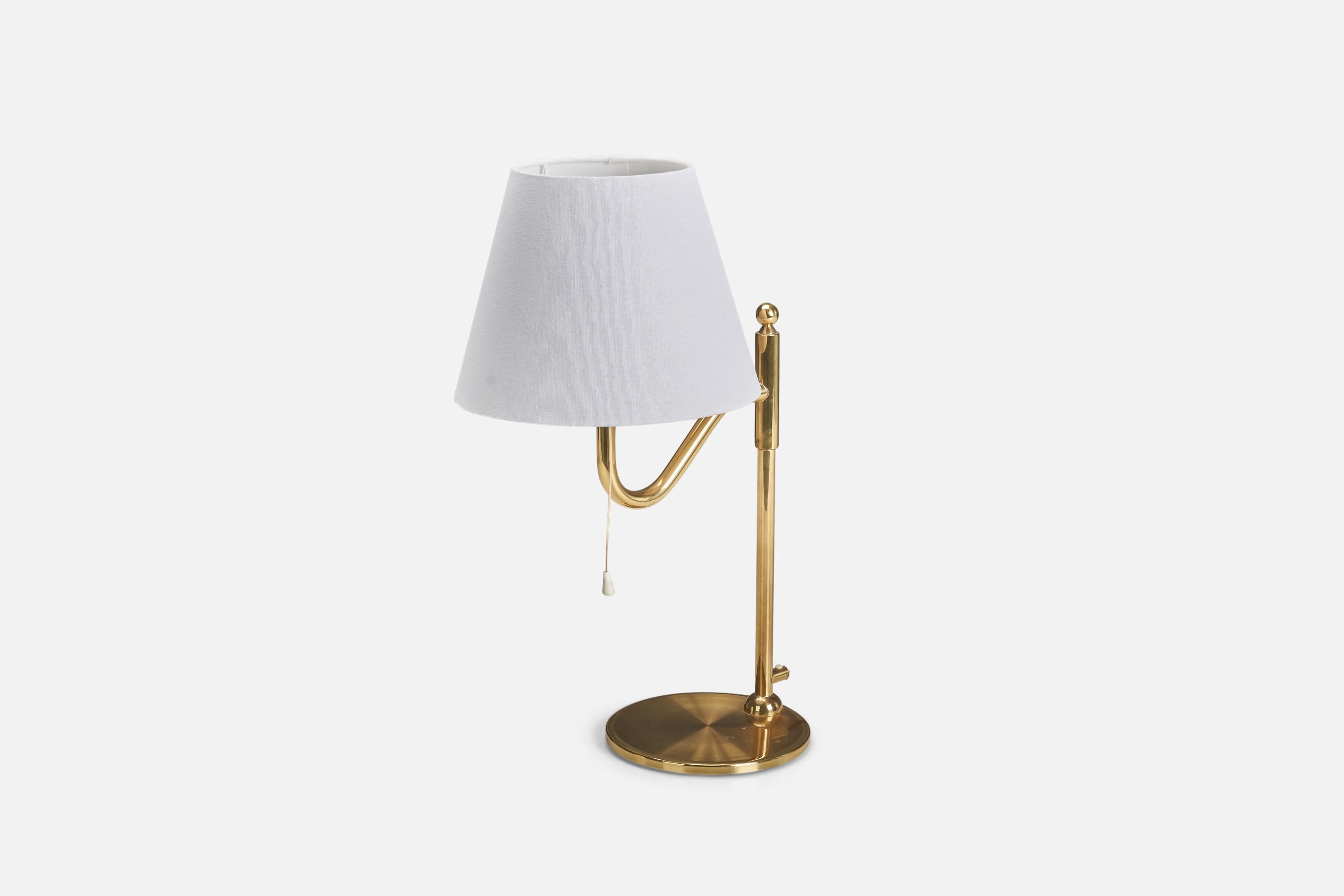 Mid-Century Modern Swedish Designer, Table Lamp, Brass, Fabric, Sweden, 1970s For Sale