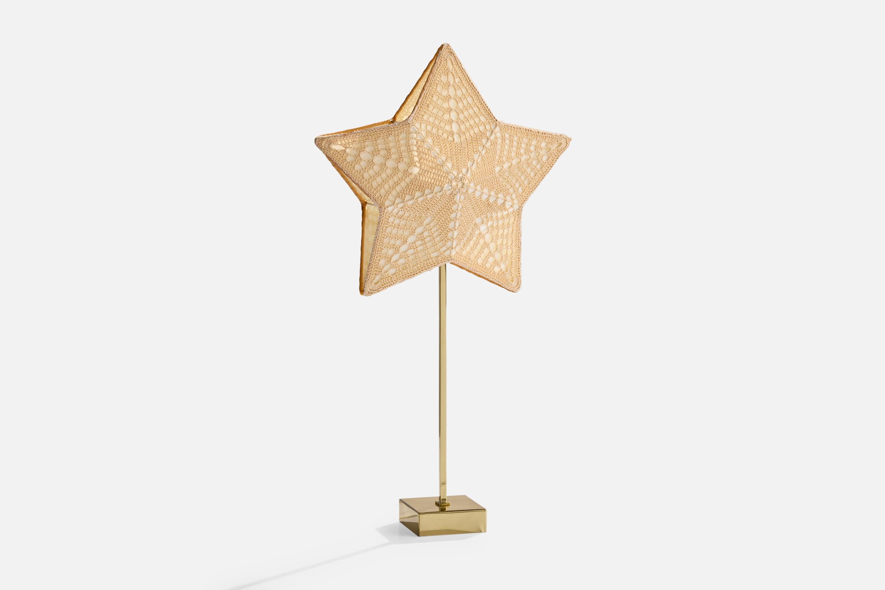 Mid-Century Modern Swedish Designer, Table Lamp, Brass, Fabric, Sweden, 1970s For Sale