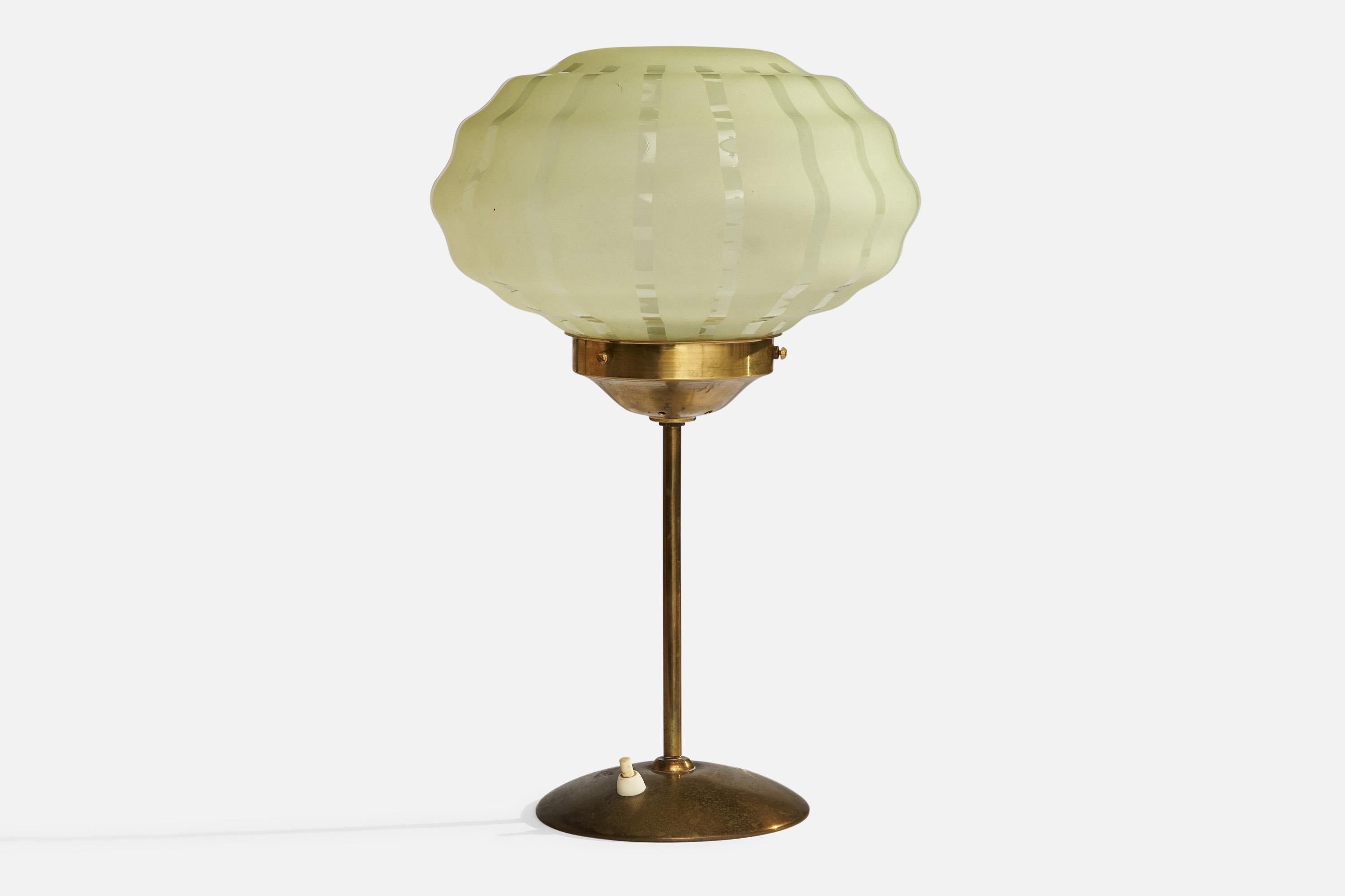 A brass and etched glass table lamp designed and produced in Sweden, c. 1960s.

Overall Dimensions (inches): 16”  H x 9.75” D
Stated dimensions include shade.
Bulb Specifications: E-26 Bulb
Number of Sockets: 1
All lighting will be converted for US