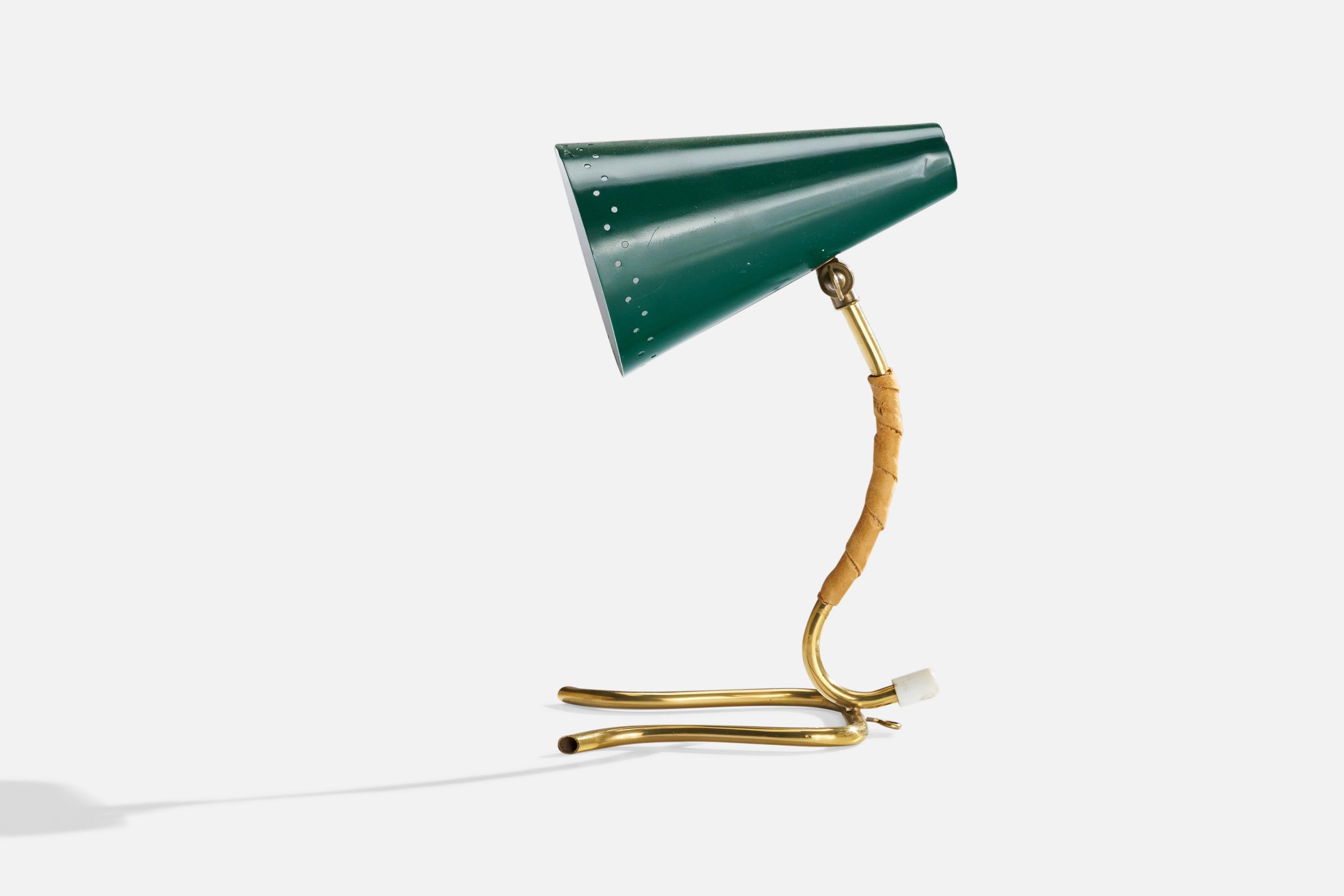 An adjustable brass, leather and green lacquer table lamp designed and produced in Sweden, 1950s.

Overall Dimensions (inches): 12.5”  H x 6.25” W x 8” D
Stated dimensions include shade.
Bulb Specifications: E-26 Bulb
Number of Sockets: 1
All